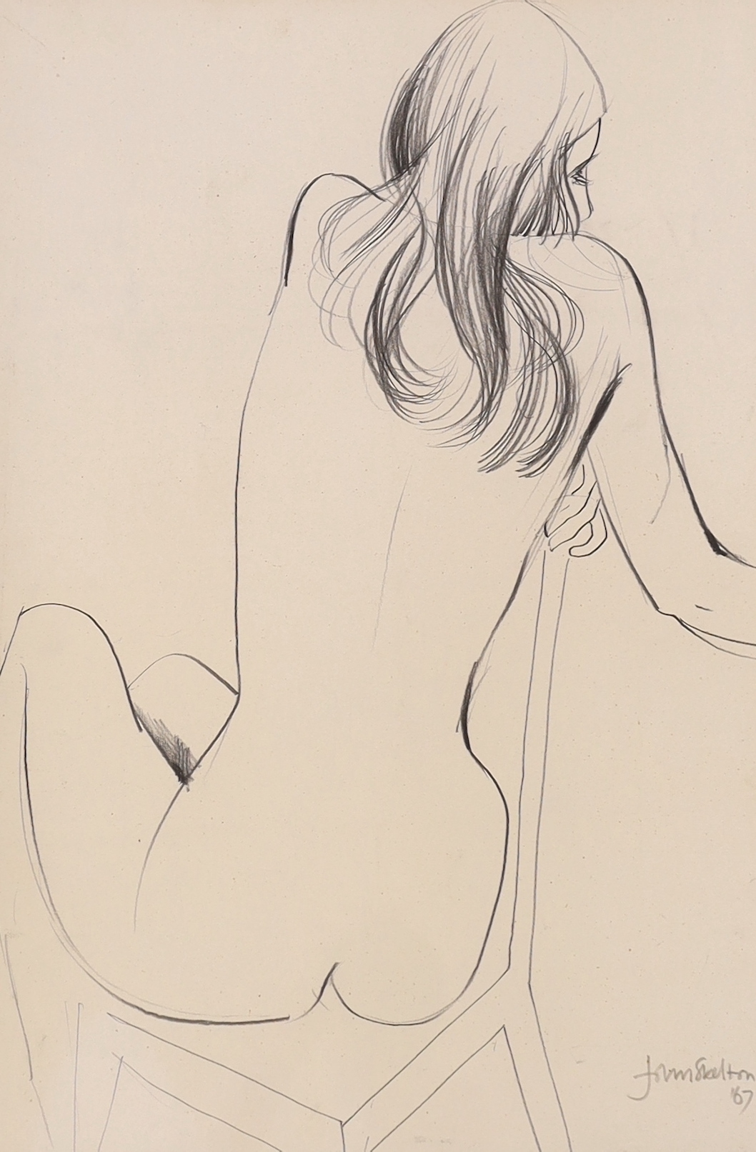 John Skelton (Irish 1925-2005) pencil sketch, Nude on a chair, signed and dated '87, 47 x 32cm                                                                                                                              