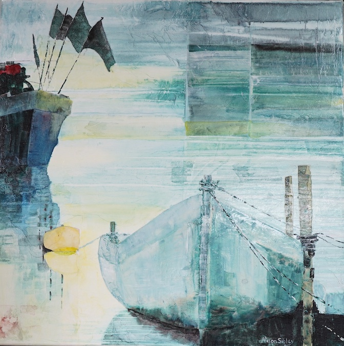 Alison Sibley (contemporary), acrylic and mixed media on canvas, ‘Boats, Shoreham Harbour’, signed, 50 x 50cm. Condition - good                                                                                             