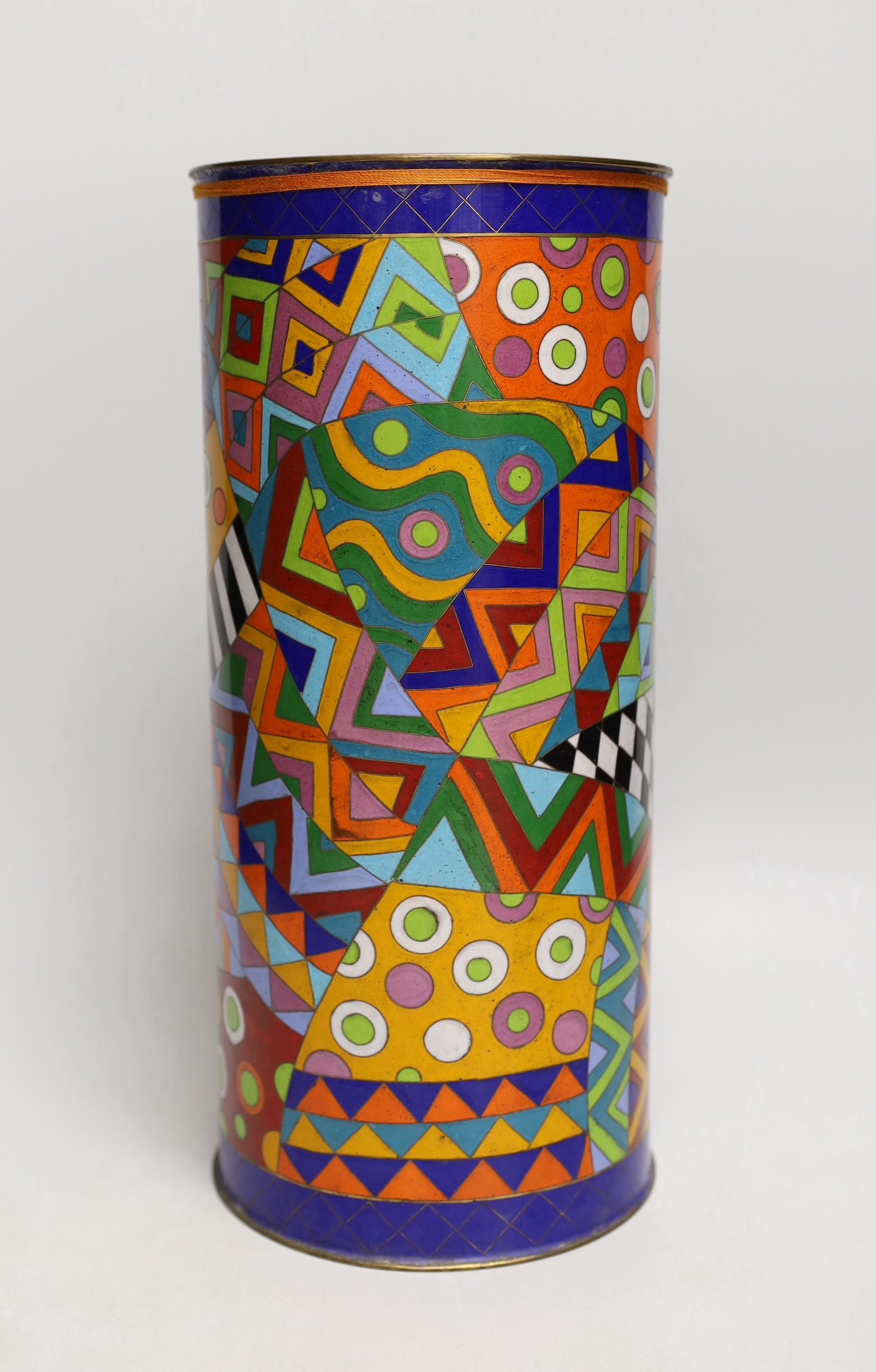 An unusual Art Deco style cloisonné enamel sleeve vase, with signature to base, 34.5cms high                                                                                                                                