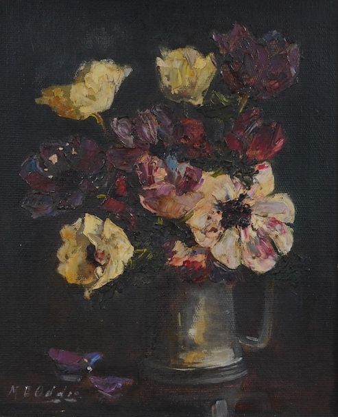 Mary E. Oddie (1931-1937), impasto oil on canvas, Still life of flowers in a jug, signed, 29 x 23cm, housed in an ebonised and gilt frame. Condition - poor to fair, some paint chips centre left                           