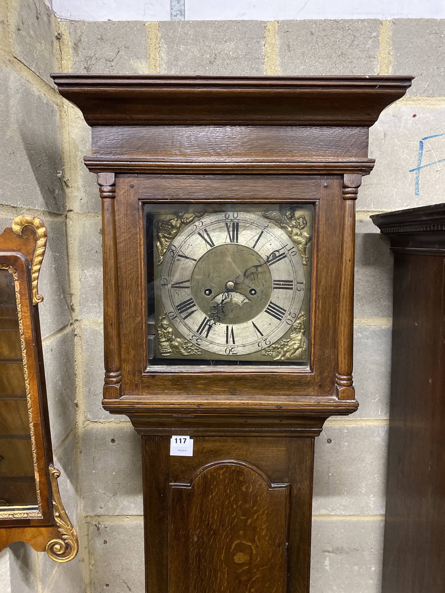 A mid 18th century oak eight day longcase clock, marked John Burton of Norton, height 200cm                                                                                                                                 