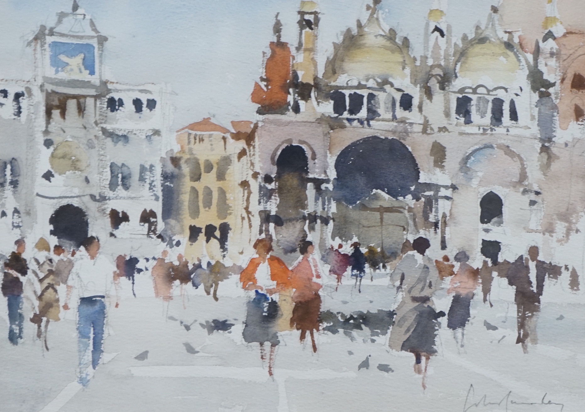 John Yardley (British, 1933), watercolour, Figures before buildings, signed, 33 x 23cm                                                                                                                                      