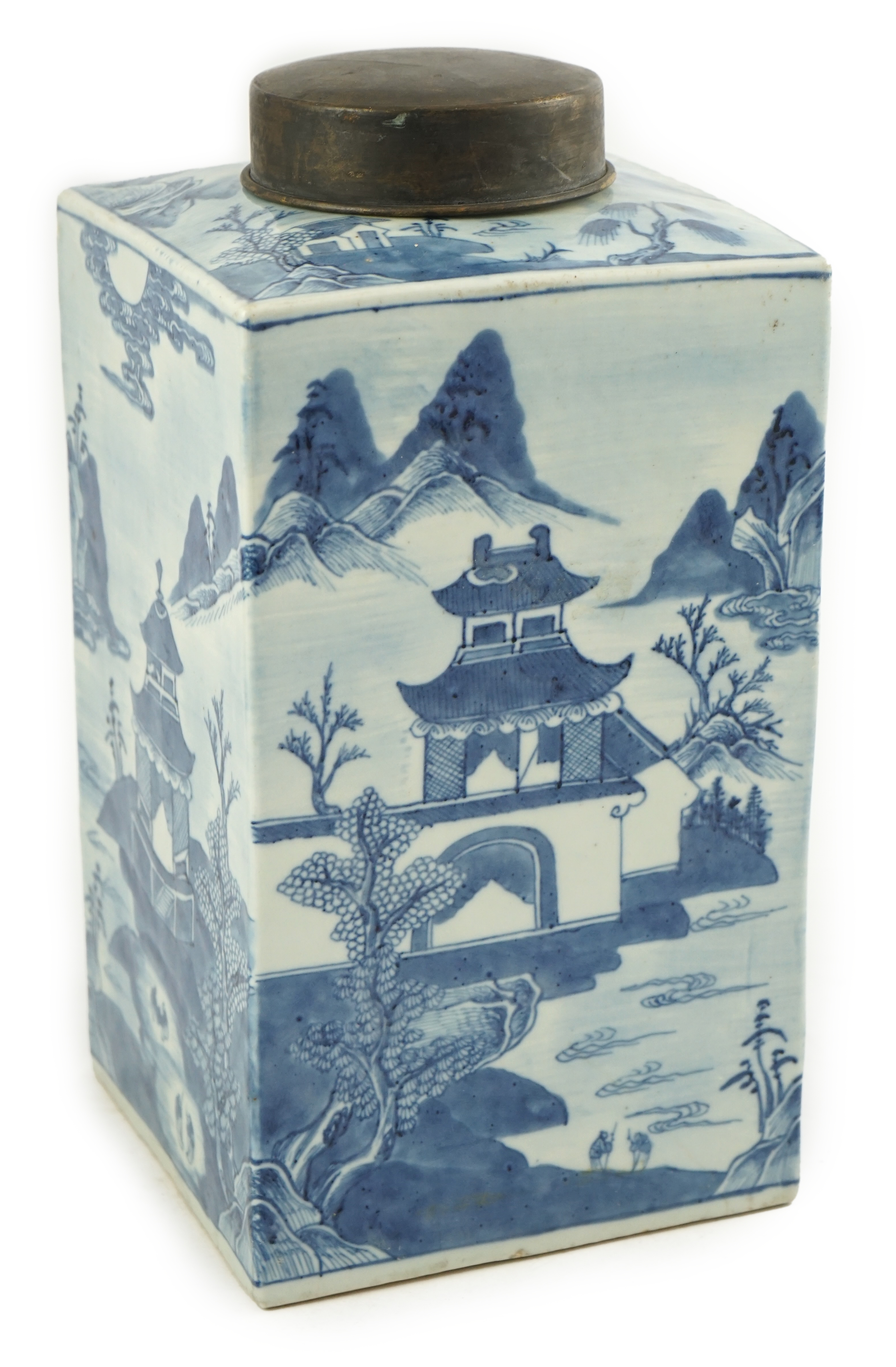 A Chinese blue and white square section tea jar, Qianlong period, metal cover, 36cm high., Condition - good, cover split                                                                                                    