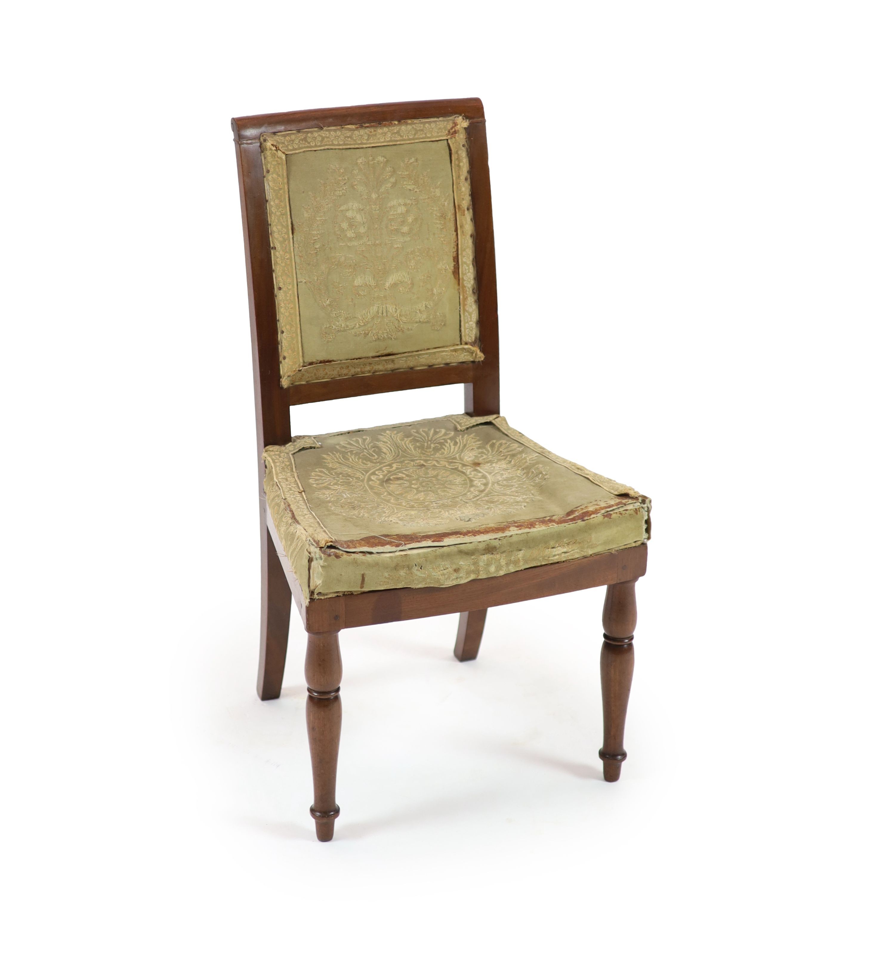A French Empire mahogany side chair by Georges Jacob for Fontainebleu, H 90cm. W 49cm. D 42cm.                                                                                                                              
