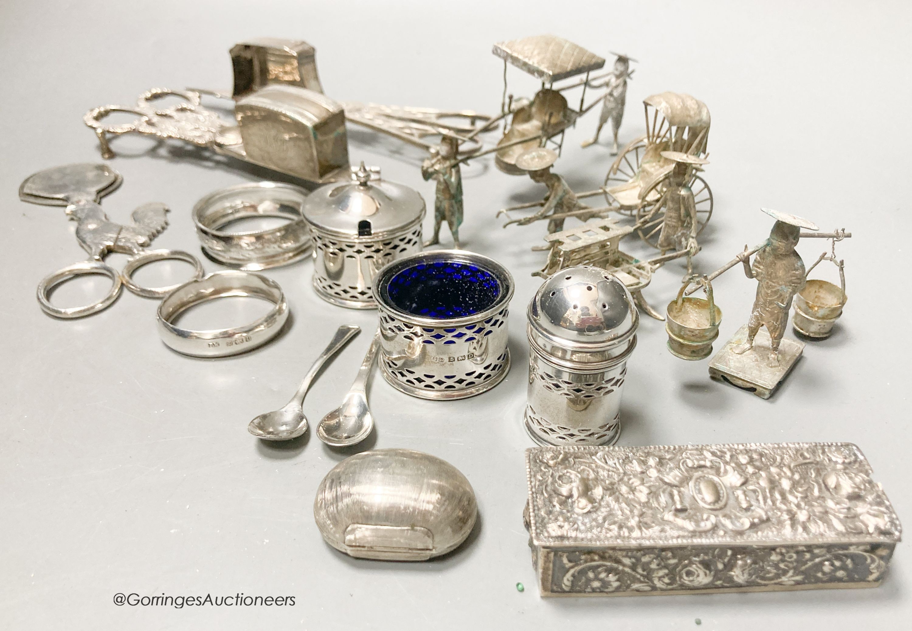 Sundry small silver including a pair of George III silver candle snuffers, Emes & Barnard, London, 1813, 17.4cm, another earlier pair, London, 1795, three silver condiments and other items.                               