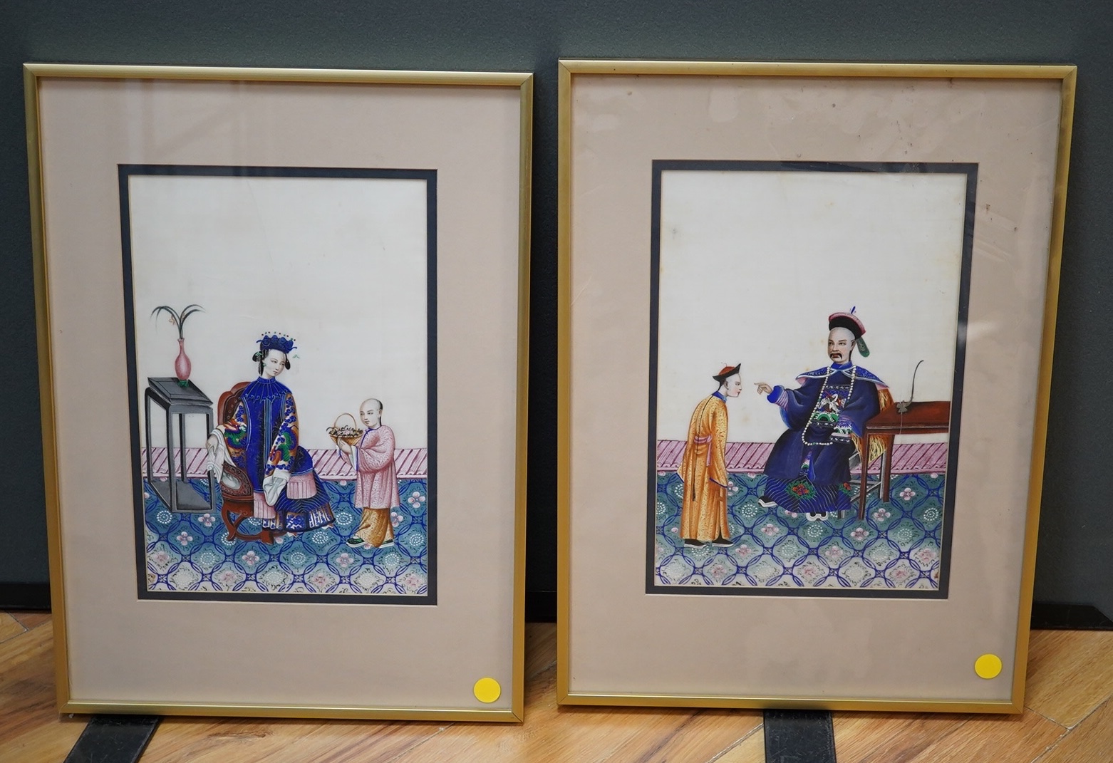 19th century, Chinese school, two pith paintings, Figures and attendants, 29 x 19cm. Condition - fair, some tears                                                                                                           