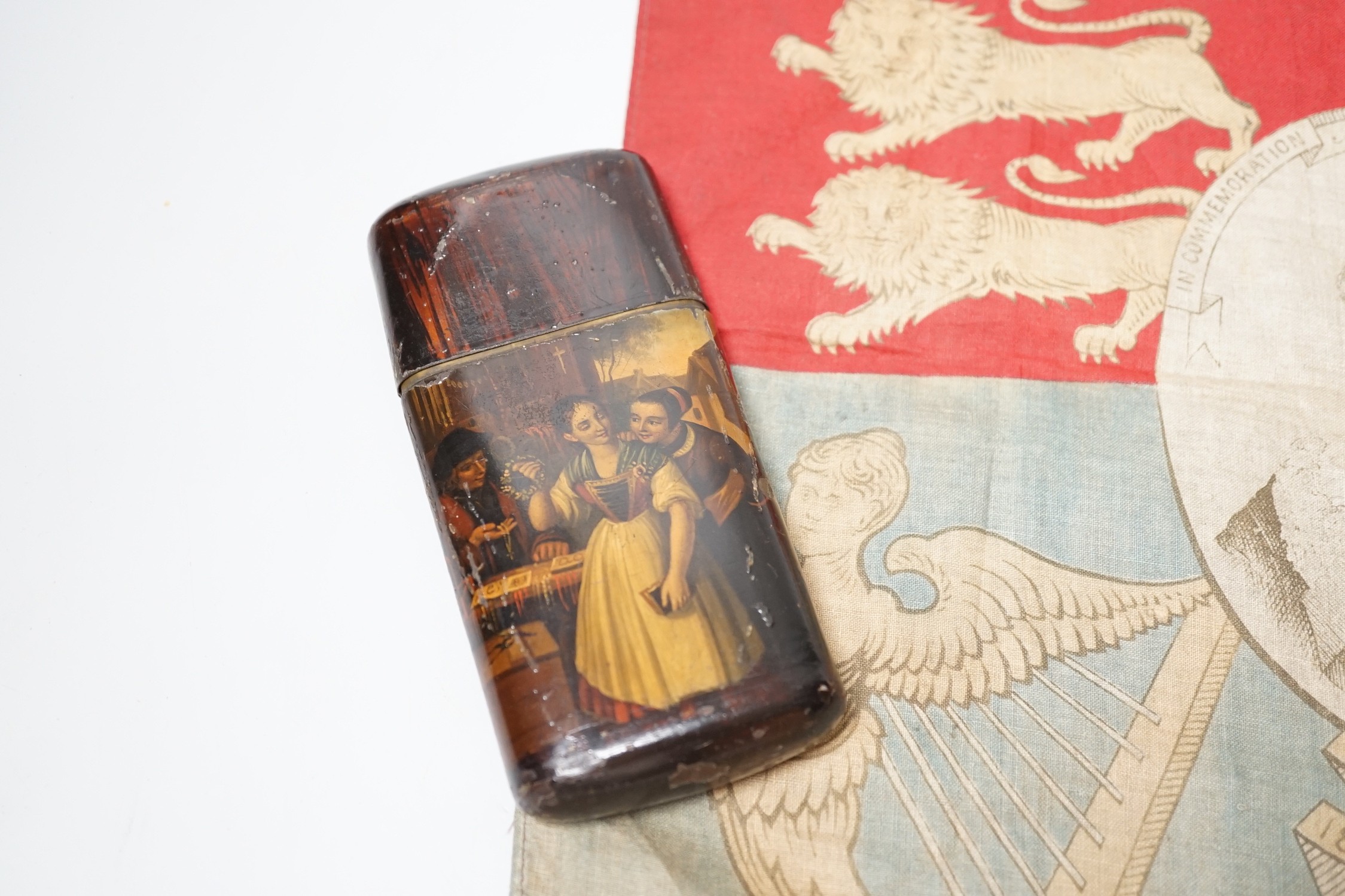 A 19th century Continental painted toleware cigar case and a Victoria Diamond Jubilee flag                                                                                                                                  