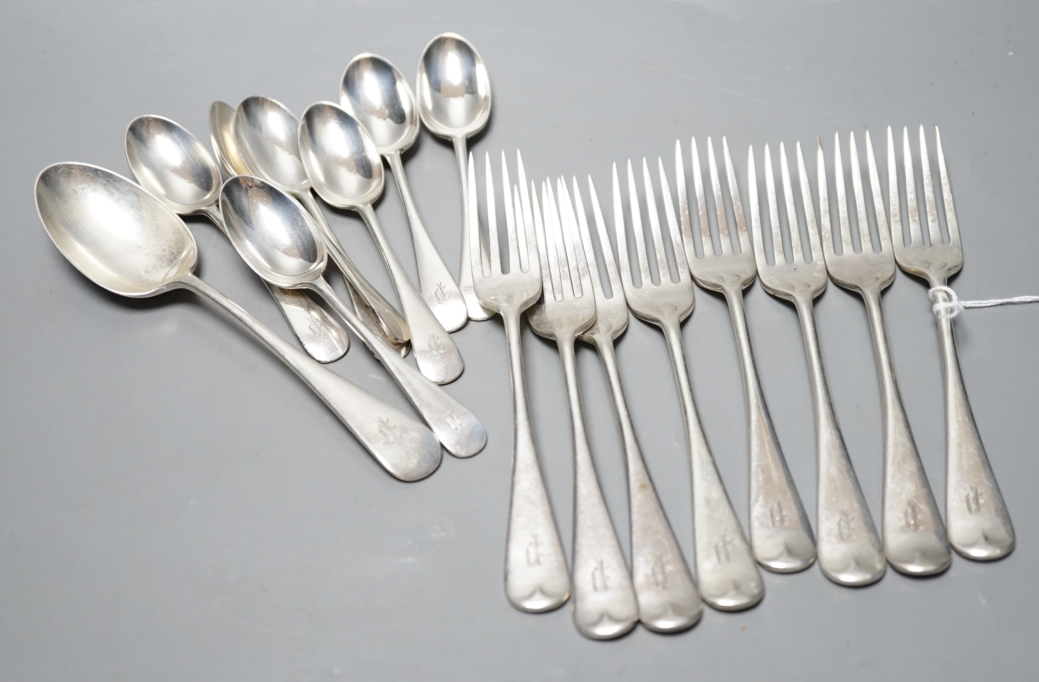 A part suite of George V silver Old English pattern flatware, by Elkington & Co, Birmingham, 1928,30/32, comprising sixteen items, 21.5oz.                                                                                  