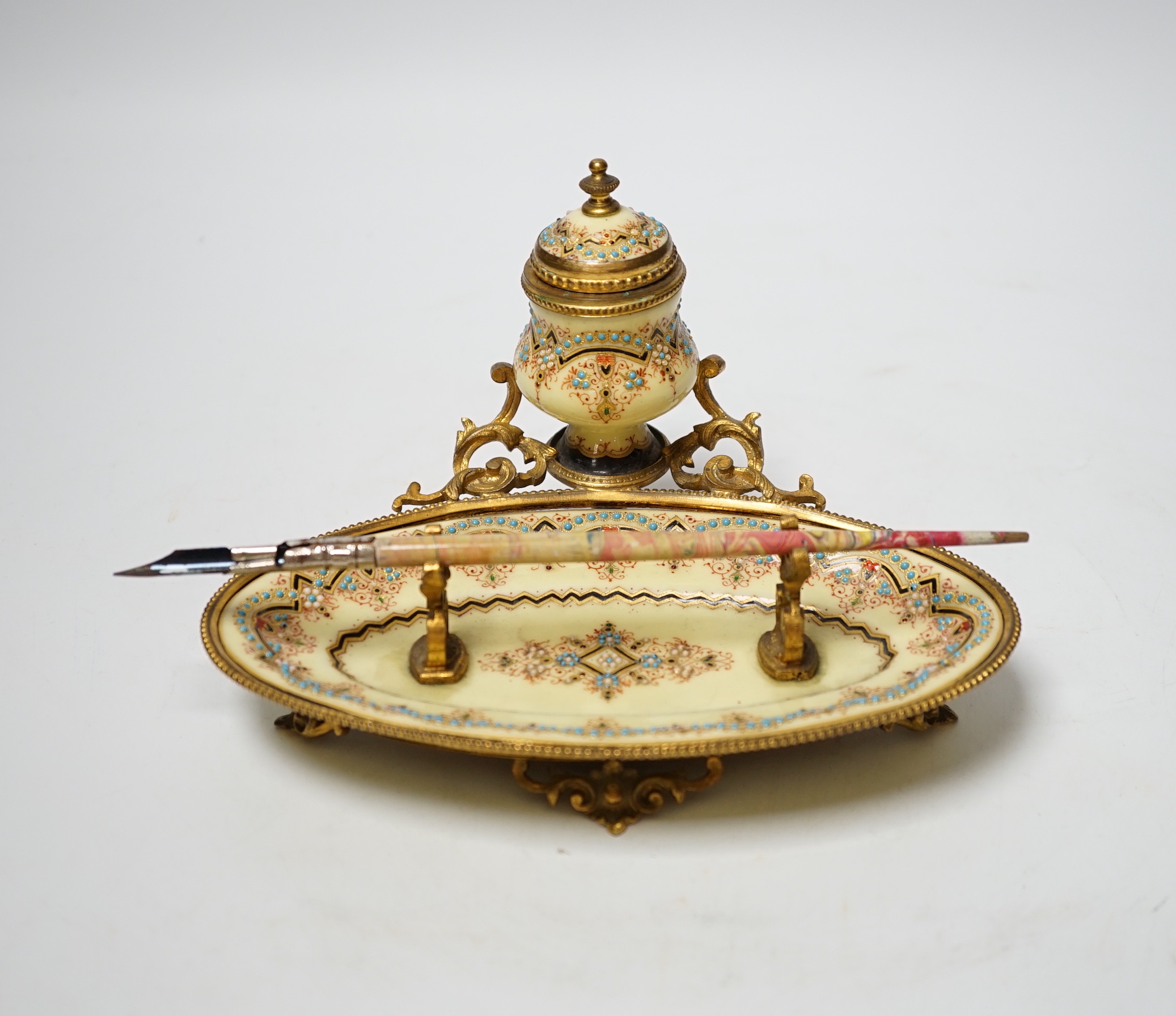 A 19th century French jewelled enamel and ormolu ink stand, 18cm wide                                                                                                                                                       