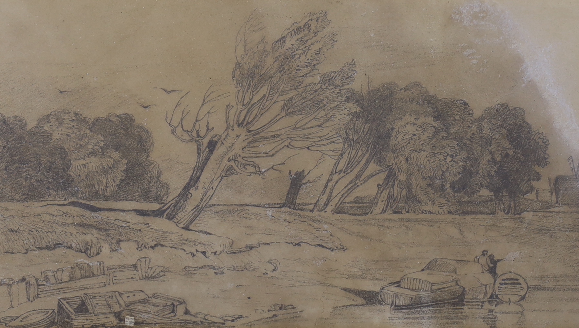 Attributed to John Sell Cottman (1782-1842), pencil sketch, 'River scene with figures and boats', 15.5 x 27.5 cm                                                                                                            