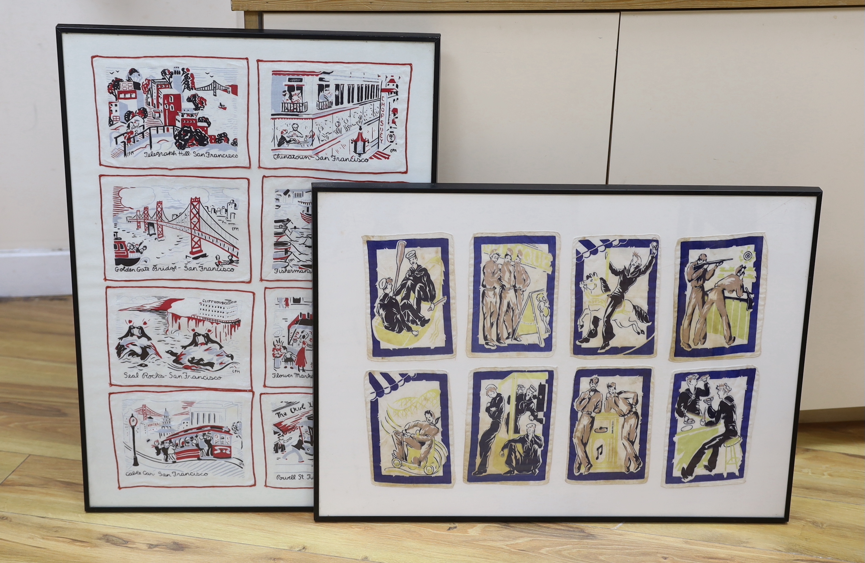 Sixteen vintage American cocktail napkins (1940's /50's), mounted and framed as two, each overall 70 x 50cm                                                                                                                 
