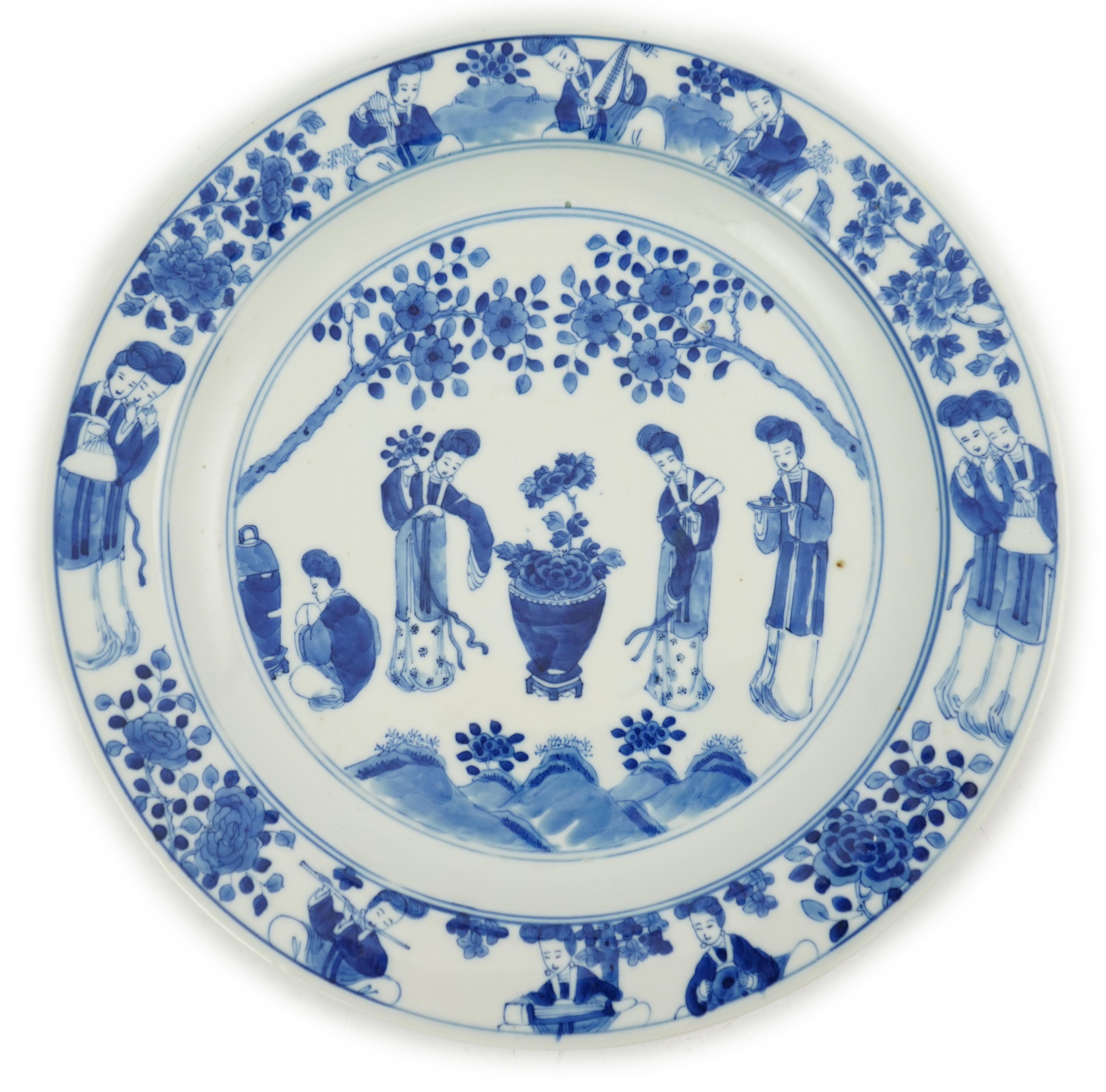 A Chinese blue and white 'ladies' plate, Kangxi mark, 19th century                                                                                                                                                          