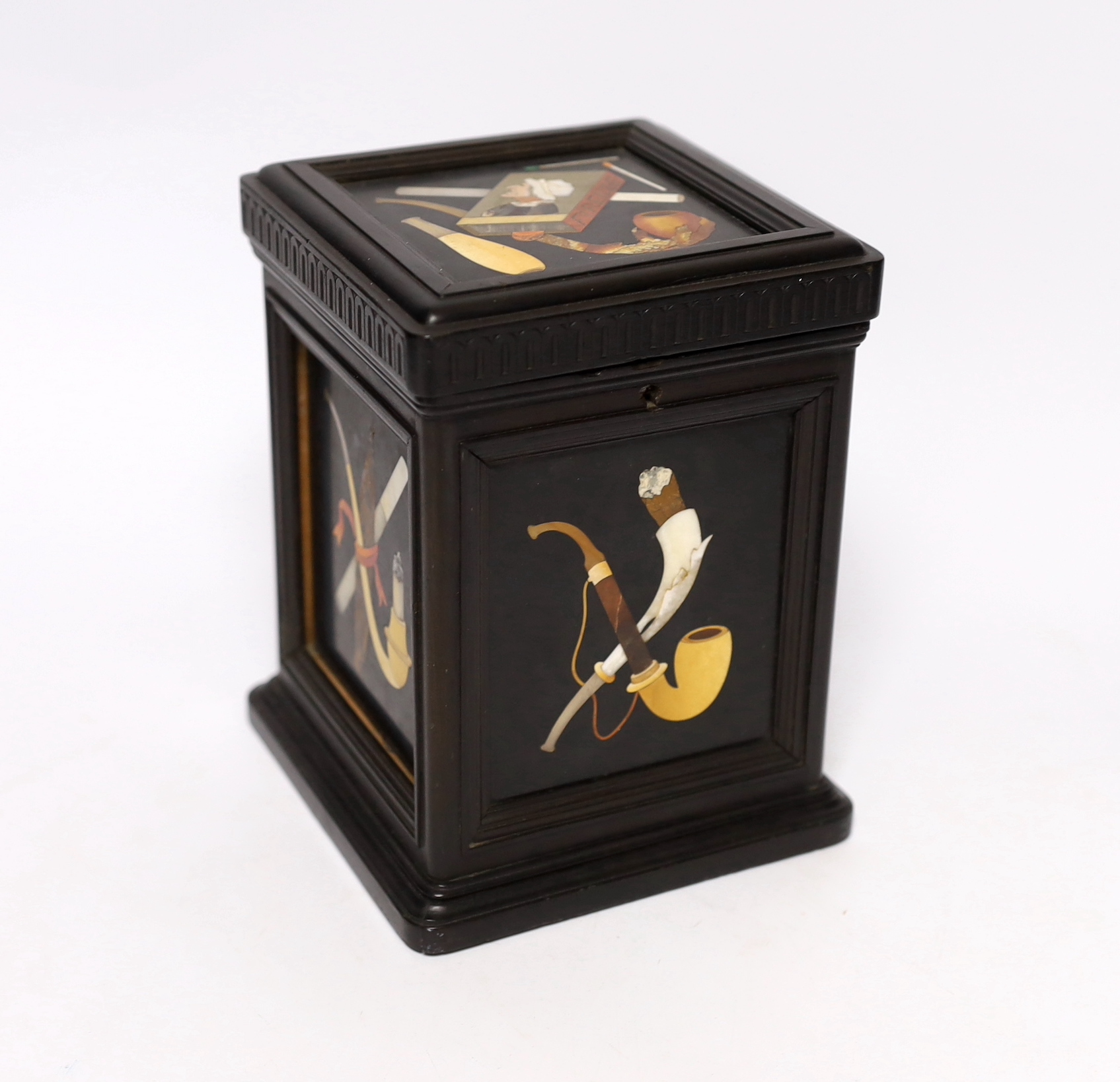 An Italian ebonised and pietra dura cigar box, with fitted cedarwood, interior dimensions, 17 cm, high, 12.5 cm wide, 12.5 cm deep                                                                                          