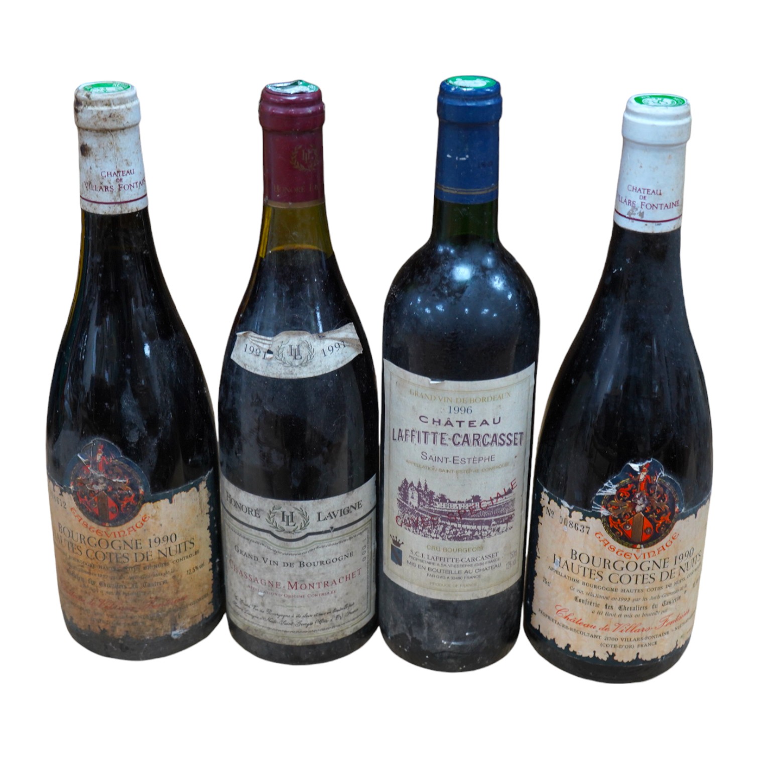 Three bottles of various Burgundy wine to include two bottles of Bourgogne 1990 together with a bottle of claret. Condition - fair, storage history unknown                                                                 