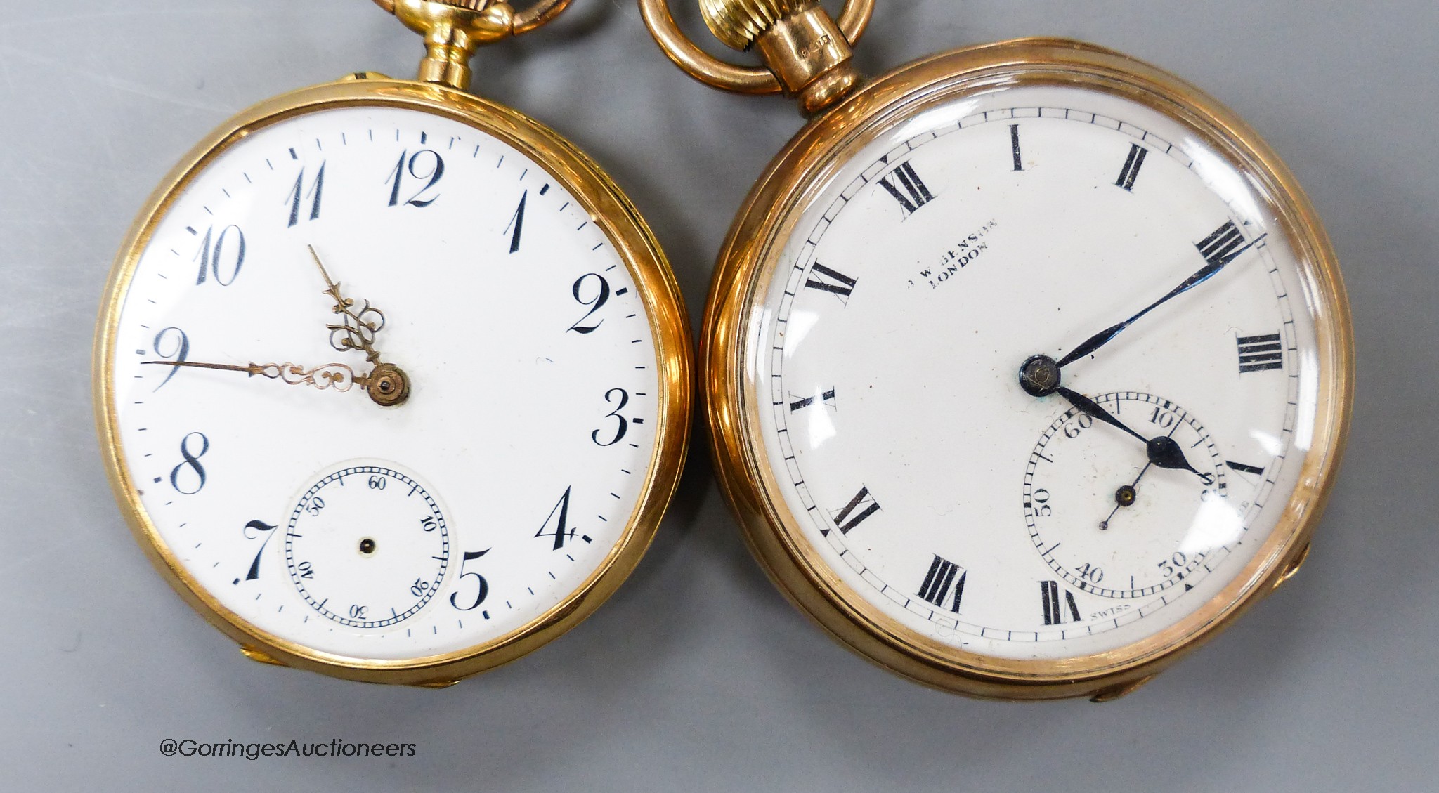 A George V 9ct gold J.W. Benson open face pocket watch, case diameter 48mm, gross 86.6 grams and an 18k open faced pocket watch (a.f.), gross 55.5 grams.                                                                   