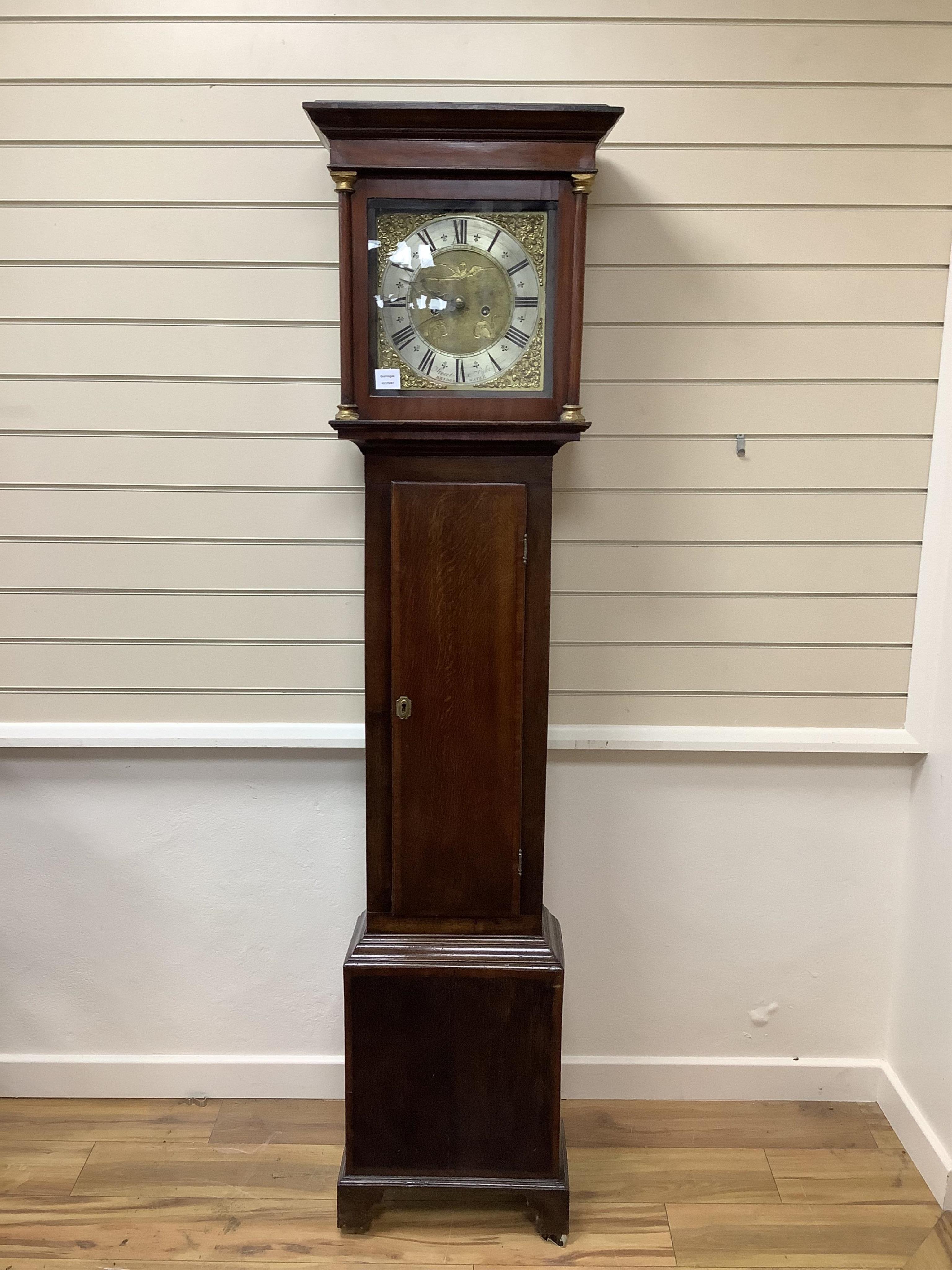 A George III oak and mahogany eight day longcase clock, signed Street & Pyke, Bridgwater, height 195cm. Condition - fair                                                                                                    