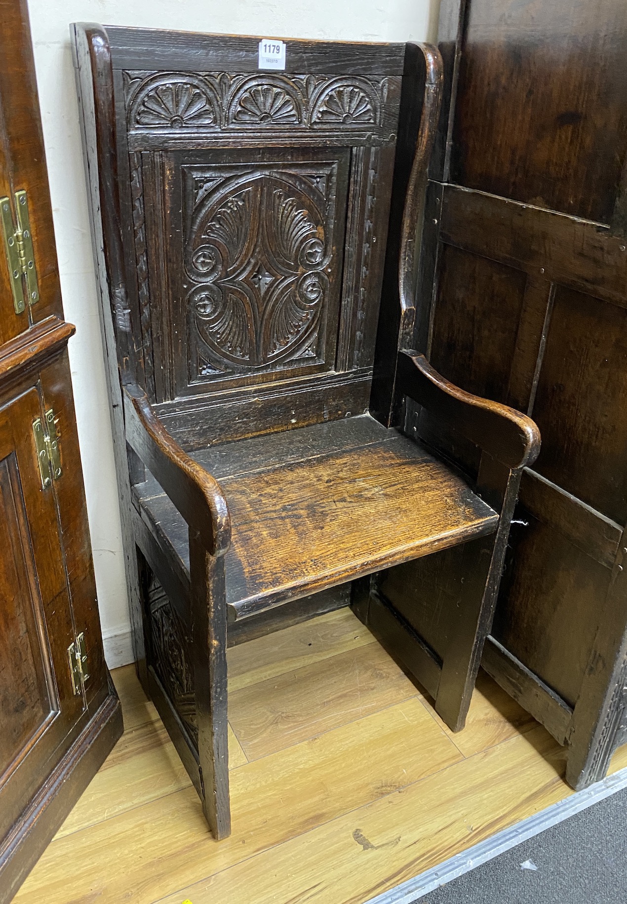 A 17th century oak Wainscot armchair, width 52cm, depth 43cm, height 113cm                                                                                                                                                  