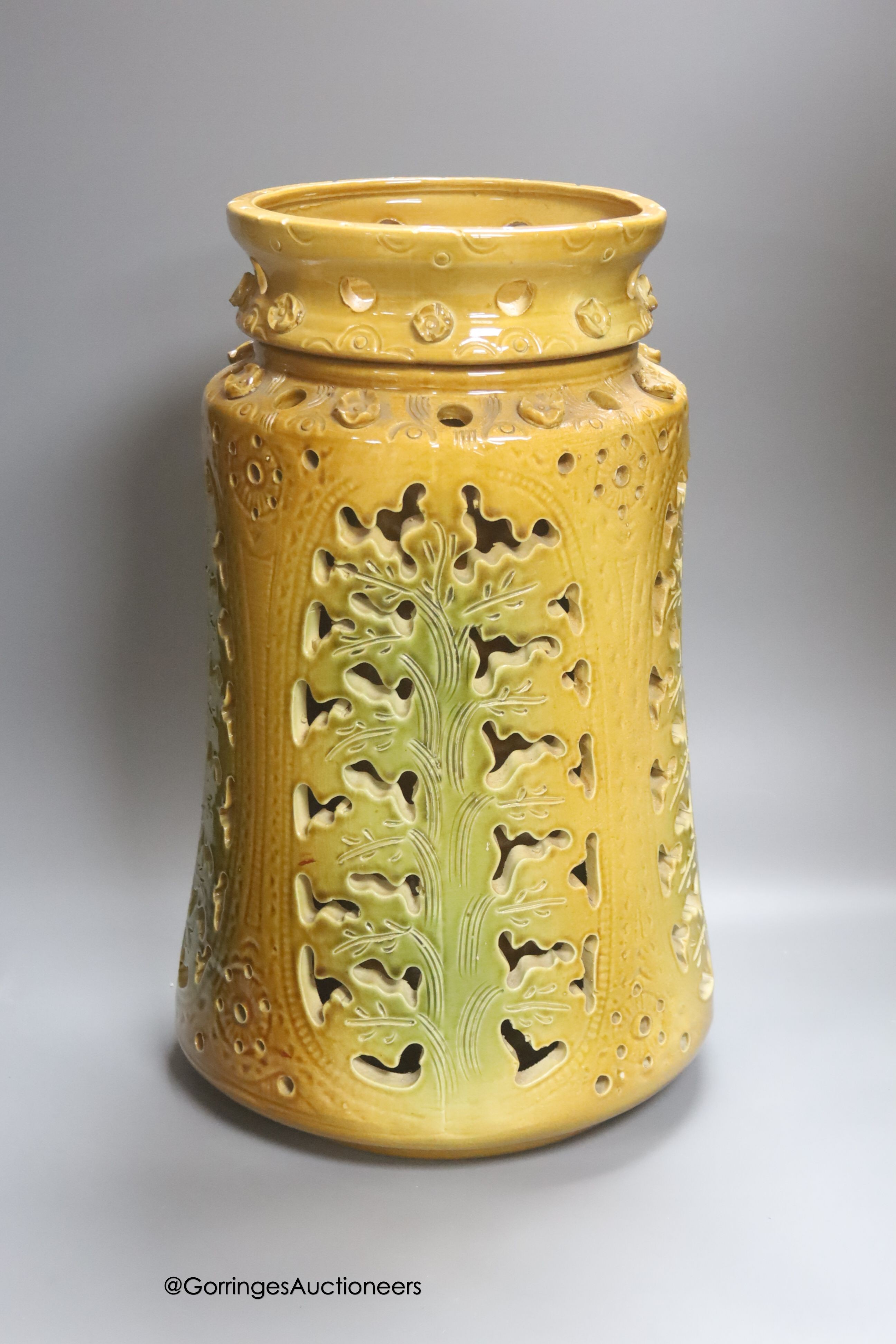 A Zsolnay double-walled near-cylindrical vase, unmarked, height 45cm                                                                                                                                                        