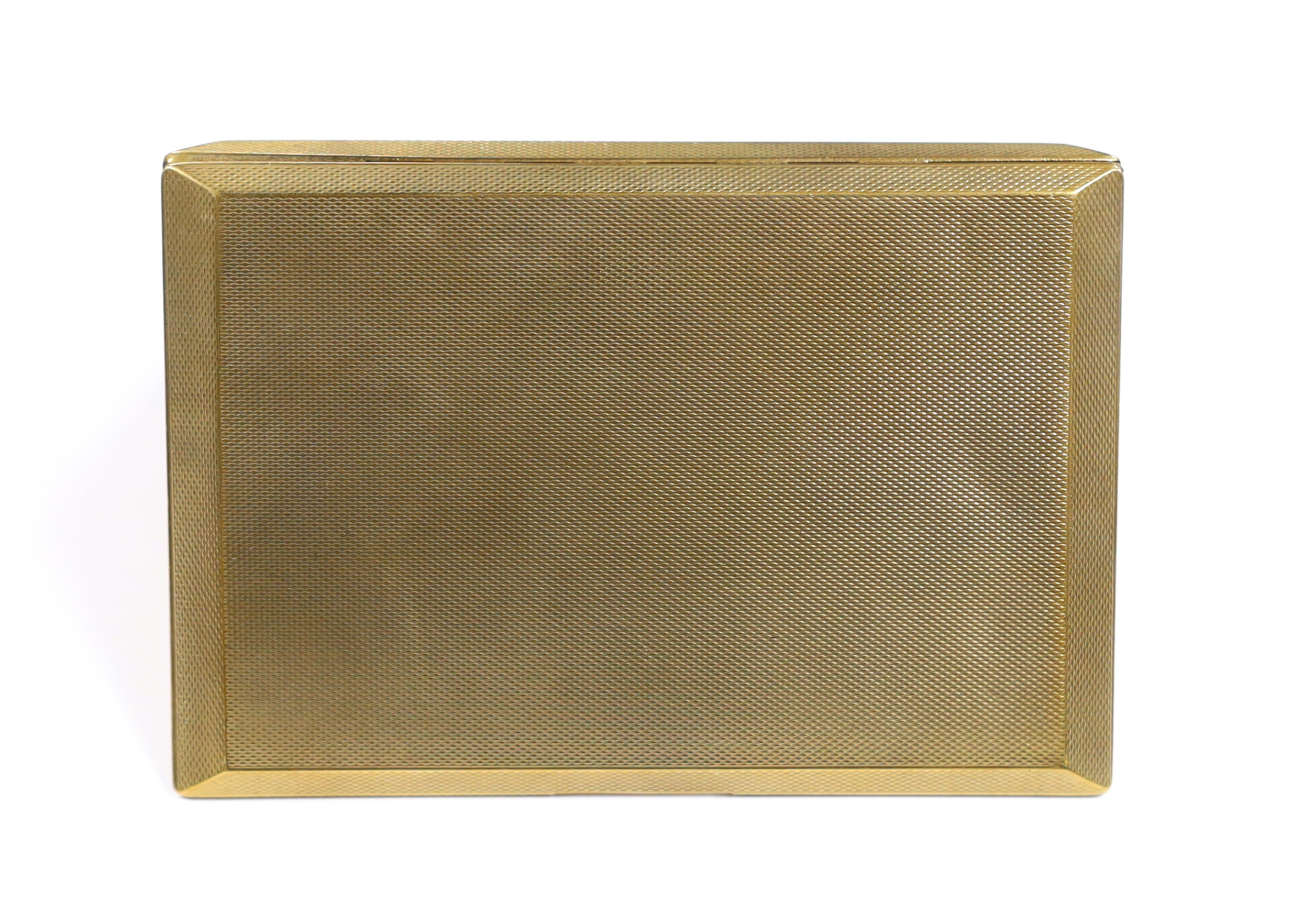 A 1940's engine turned 9ct gold cigarette case, with interior engraved inscription, 12.4cm, gross weight 171.2 grams.                                                                                                       