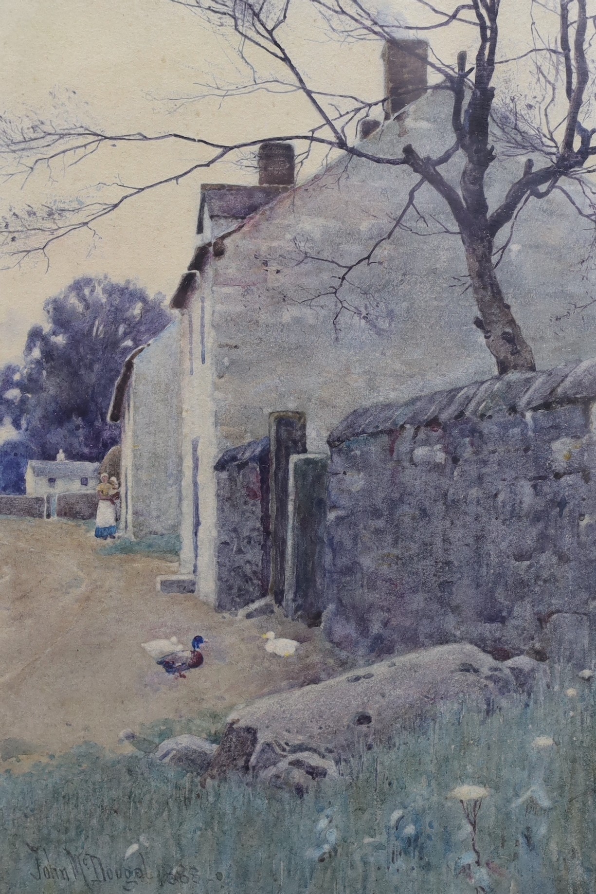 John McDougal (1851-1945), watercolour, Ducks beside cottages, signed and dated 1888, 24 x 16cm                                                                                                                             
