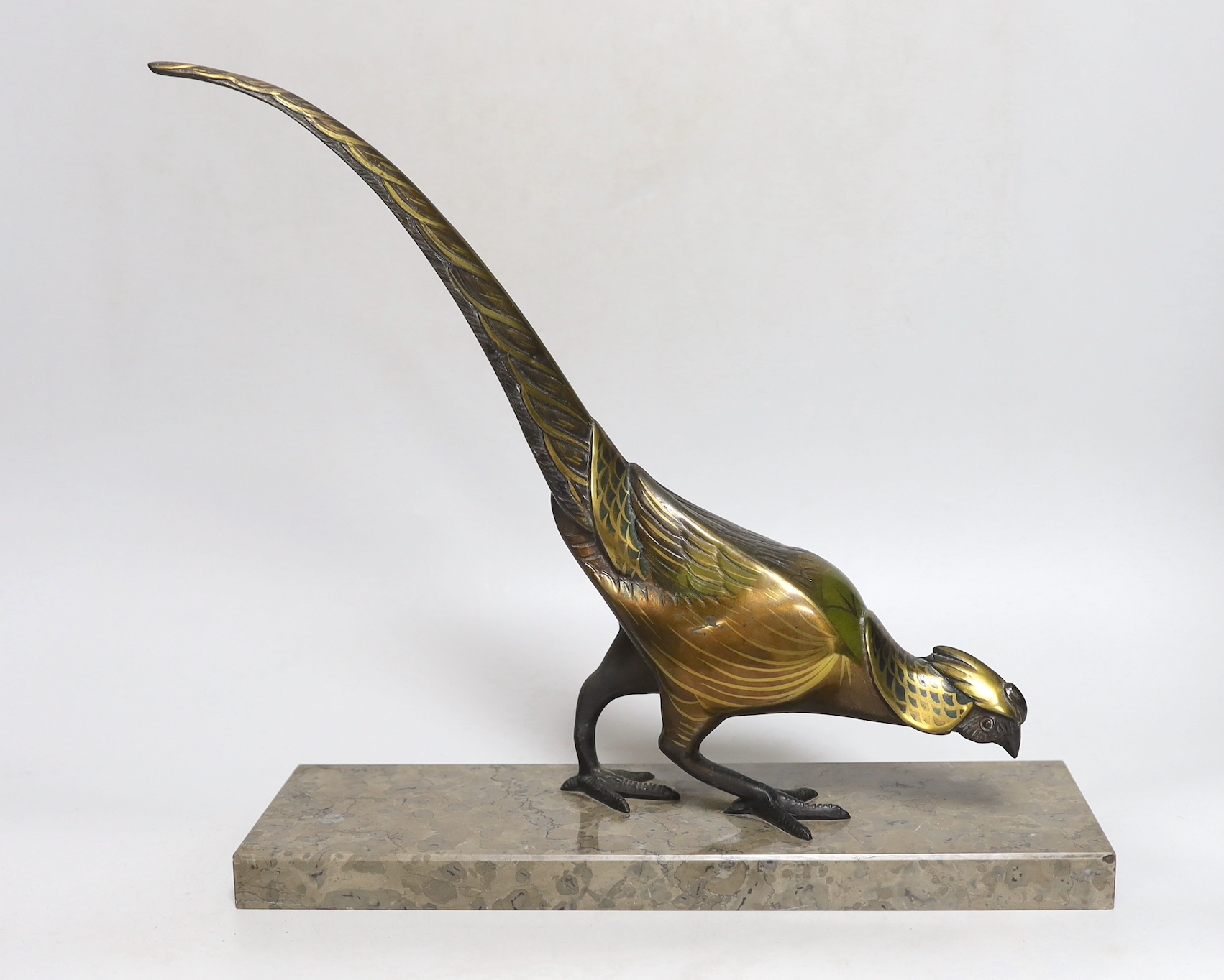 An Art Deco patinated spelter pheasant on marble base, 32cm wide, 32cm high                                                                                                                                                 