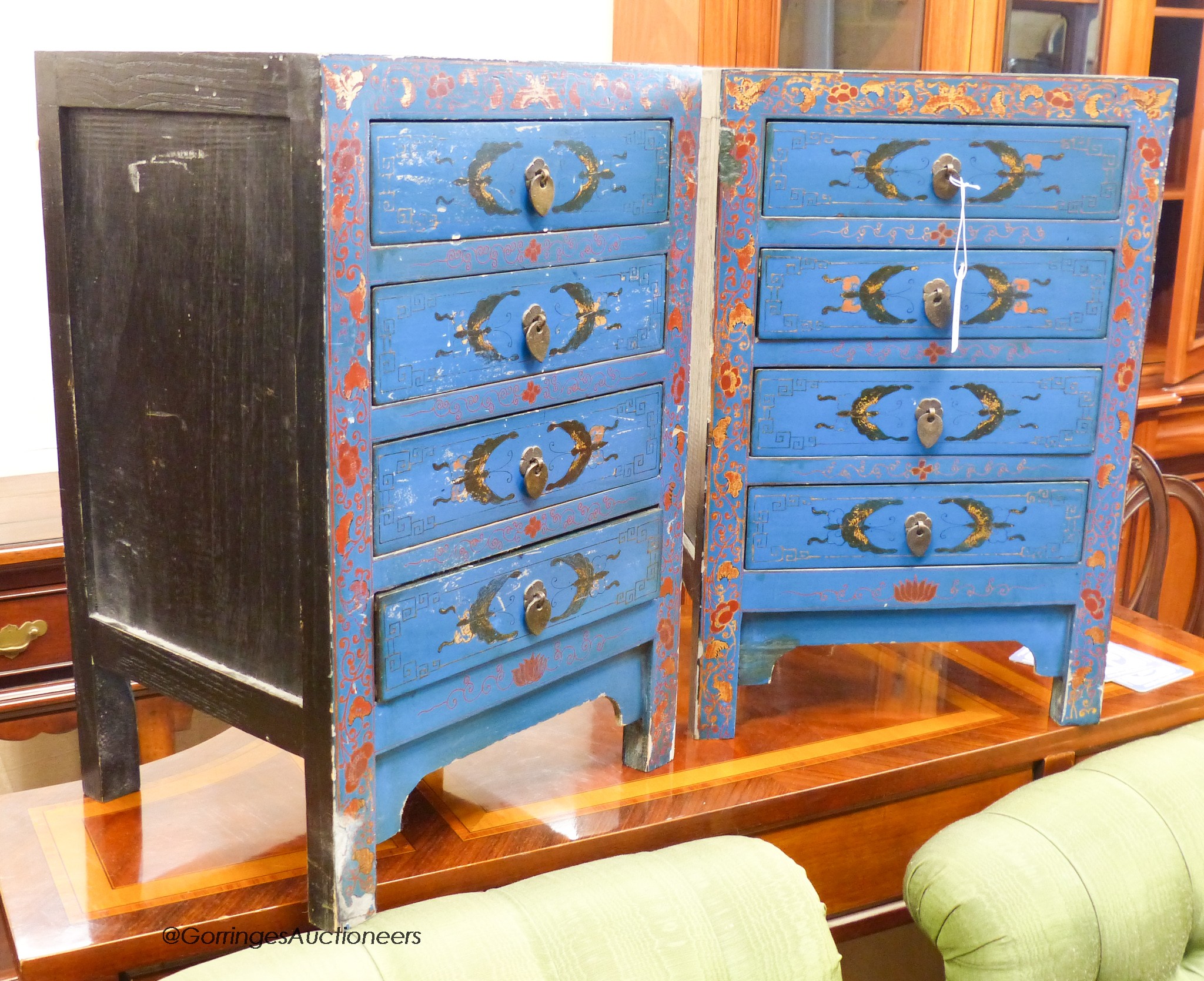 A pair of Chinese painted bed side chests. W-40, D-32, H-60cm.                                                                                                                                                              