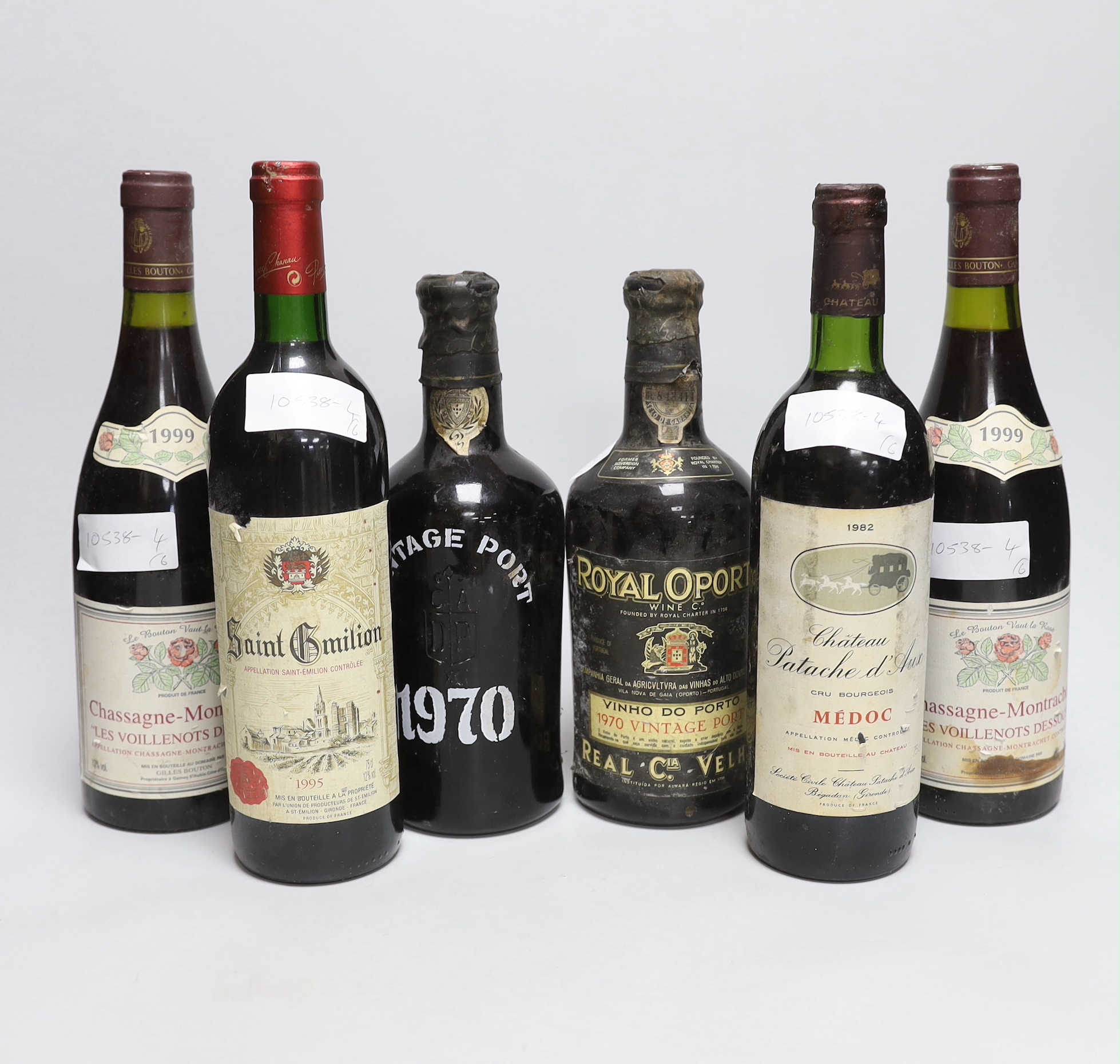 Wine: Two bottles of Royal Oporto 1970 vintage port, two bottles of Chassagne-Montrachet Gilles Bouton 1999 and two other clarets                                                                                           