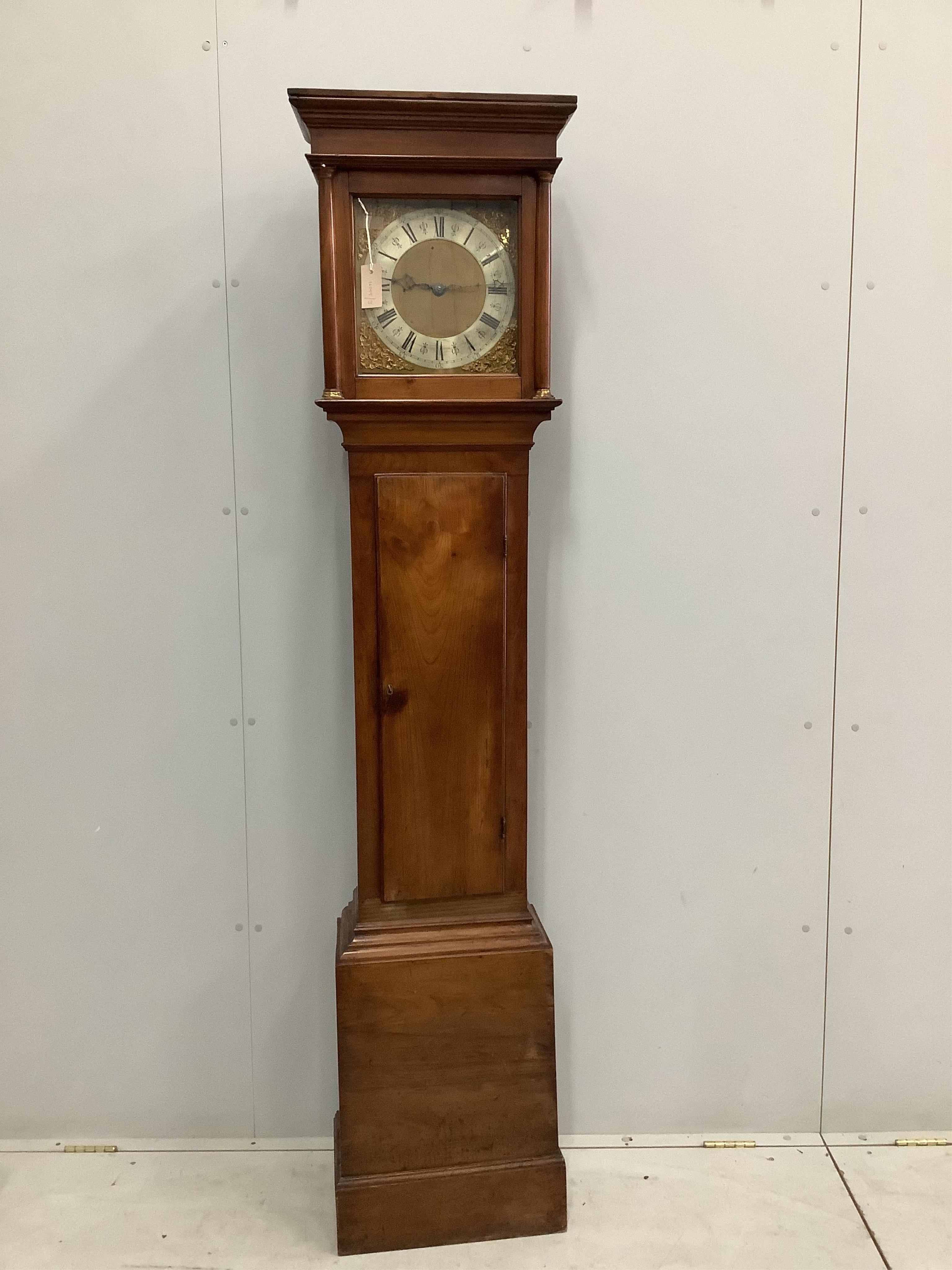 A George III oak and fruitwood cased thirty hour longcase clock, height 201cm. Condition - good, but not tested for timekeeping                                                                                             