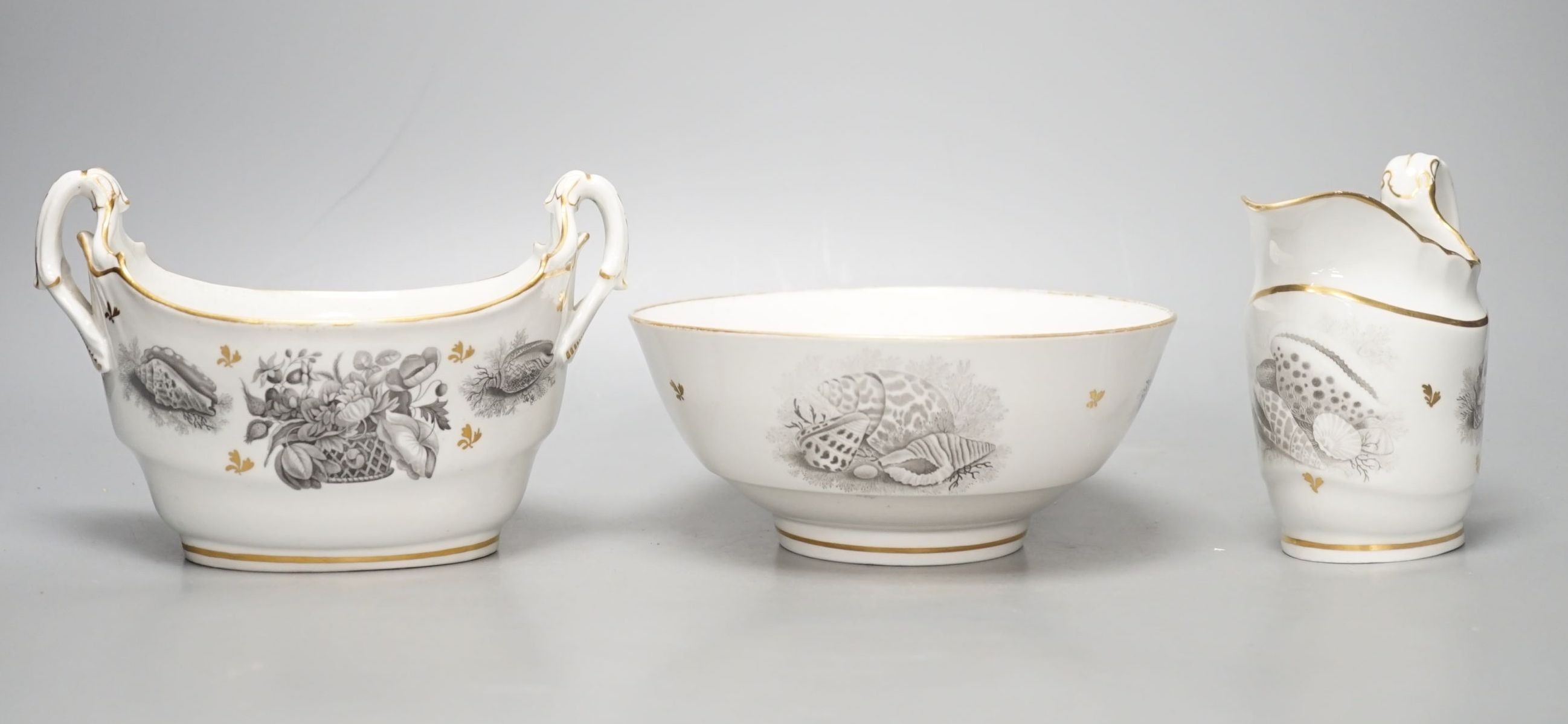 A Barr Flight and Barr cream jug bat printed with baskets of flowers and hell with additional gilded leaves, a matching boat shaped two handled sucrier and a bowl en suite , all with impressed marks. c. 1810             