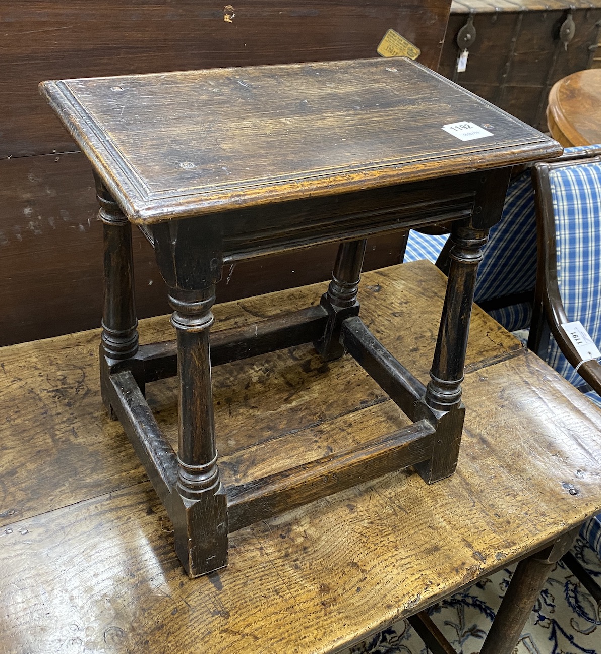 A 17th century style oak joint stool, width 43cm, depth 28cm, height 44cm                                                                                                                                                   