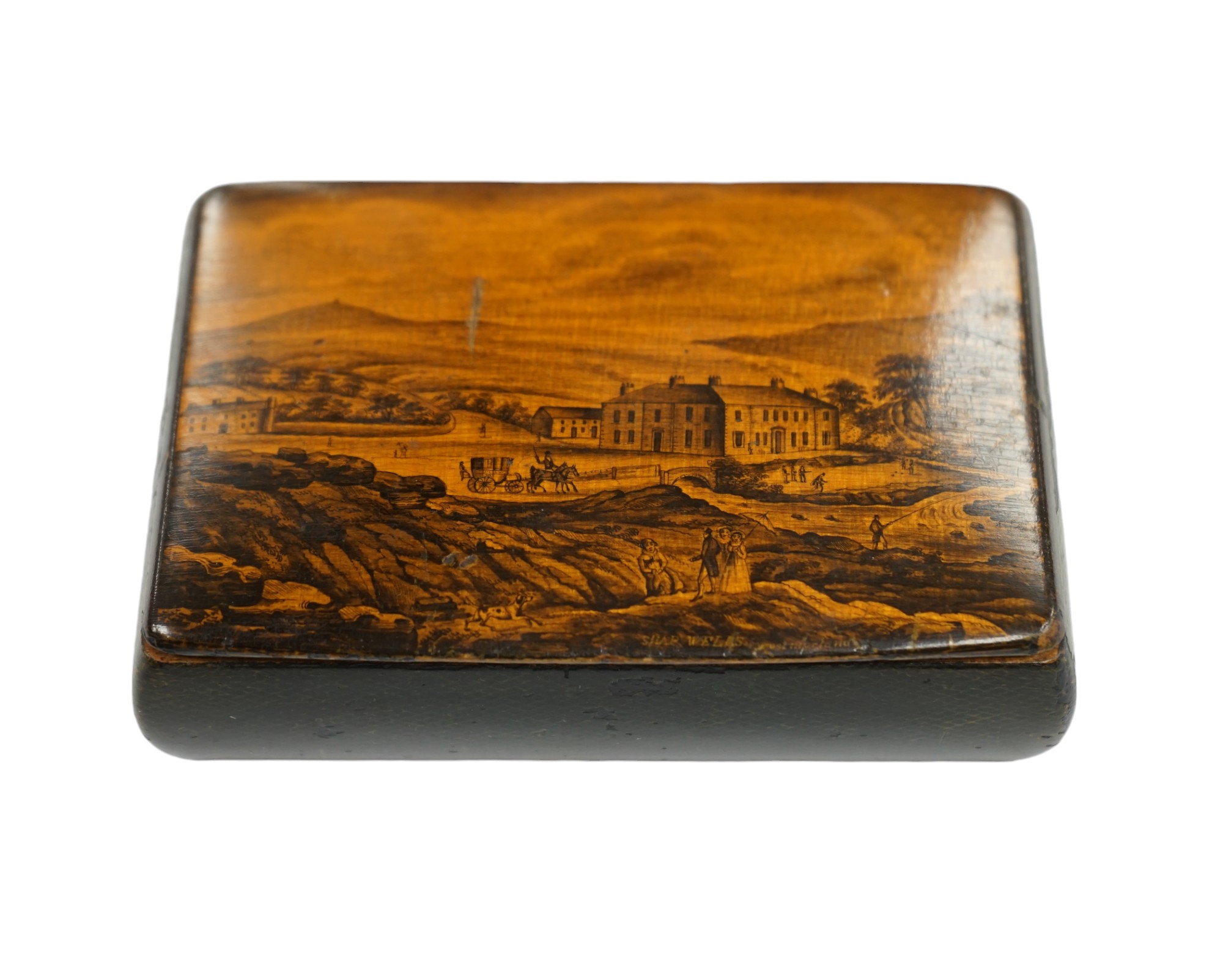 An early 19th century Scottish Mauchline ware penwork snuffbox, with green faux fish skin borders, 9.5cm wide. Condition - good                                                                                             