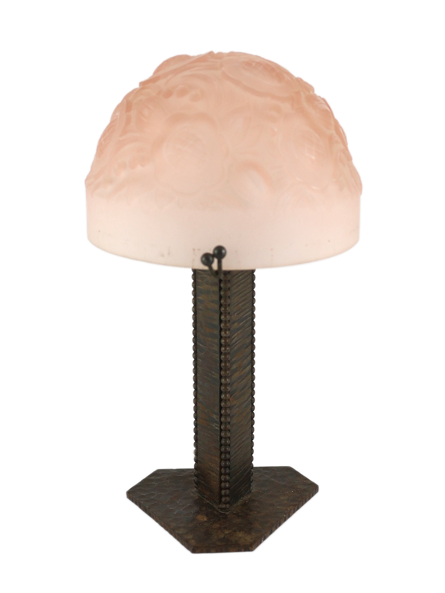 A Muller Freres Art Deco wrought iron and frosted pink glass table lamp, 28cm diameter, 30cm high                                                                                                                           