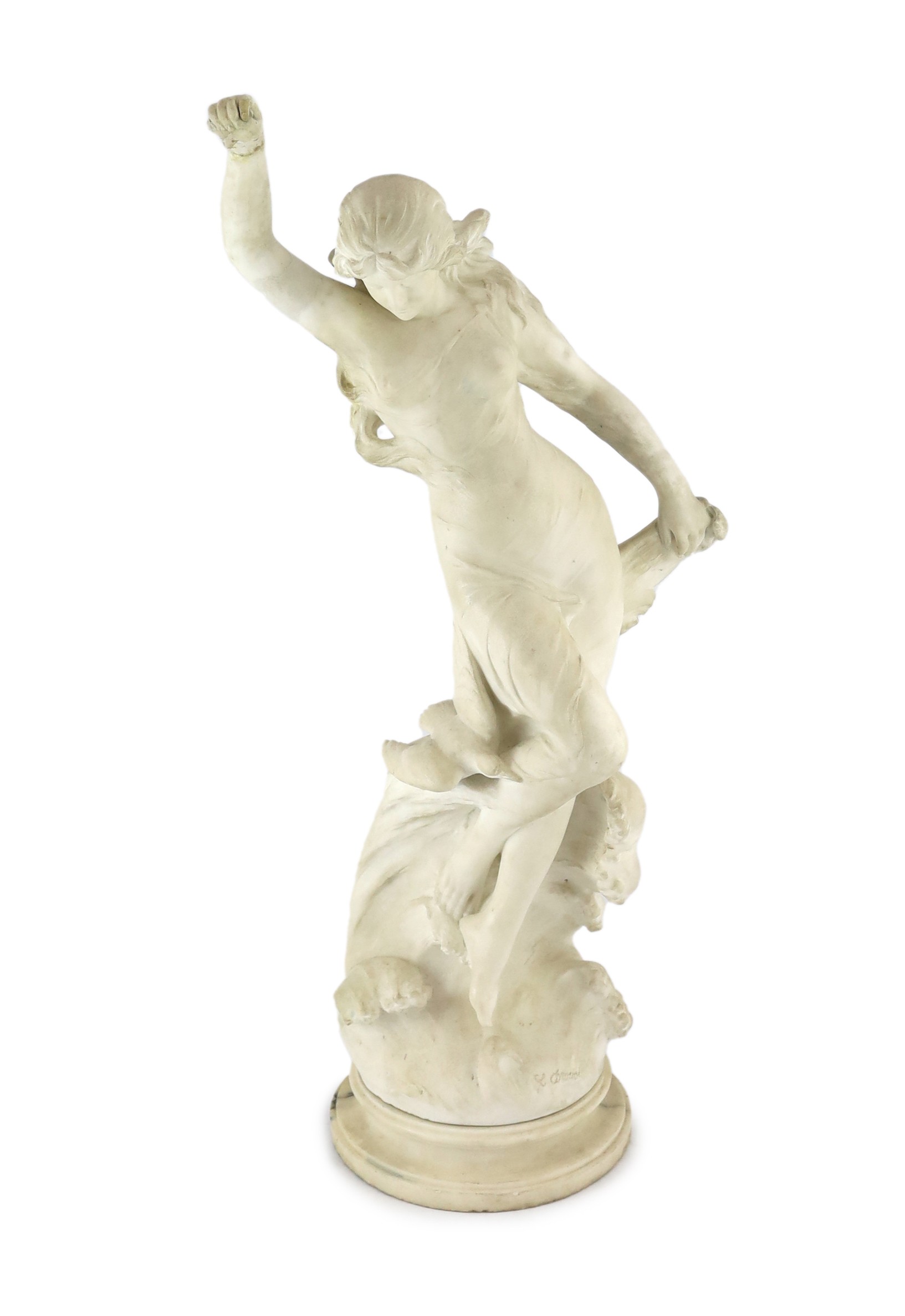 An early 20th century Continental carved white marble figure of a sea nymph riding the waves 79cm high                                                                                                                      