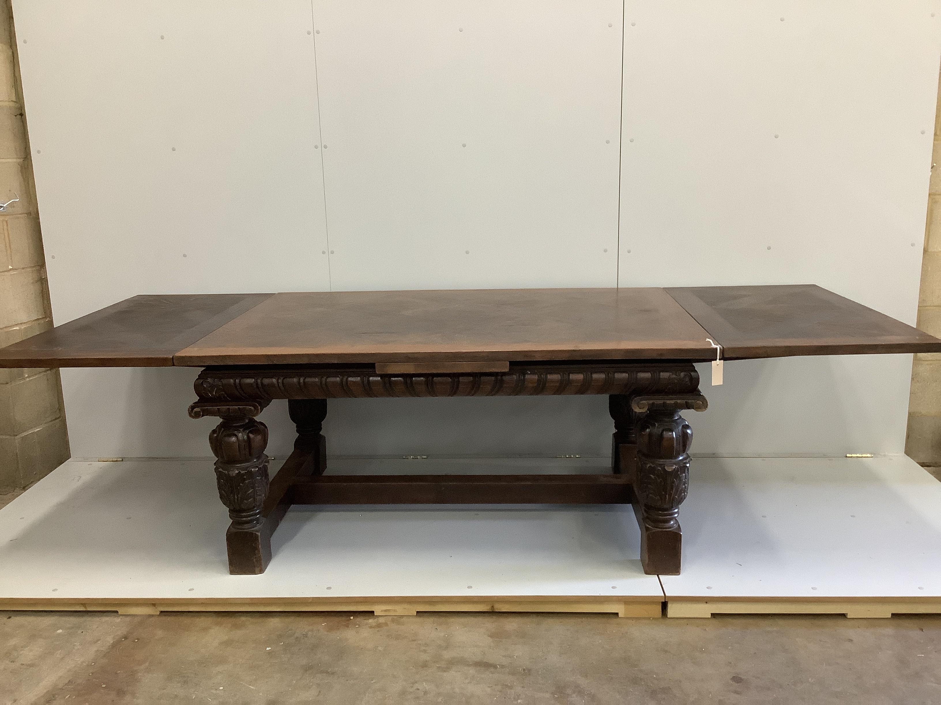 A Jacobean revival rectangular parquetry top oak draw leaf refectory dining table, 280cm extended, width 109cm, height 76cm                                                                                                 