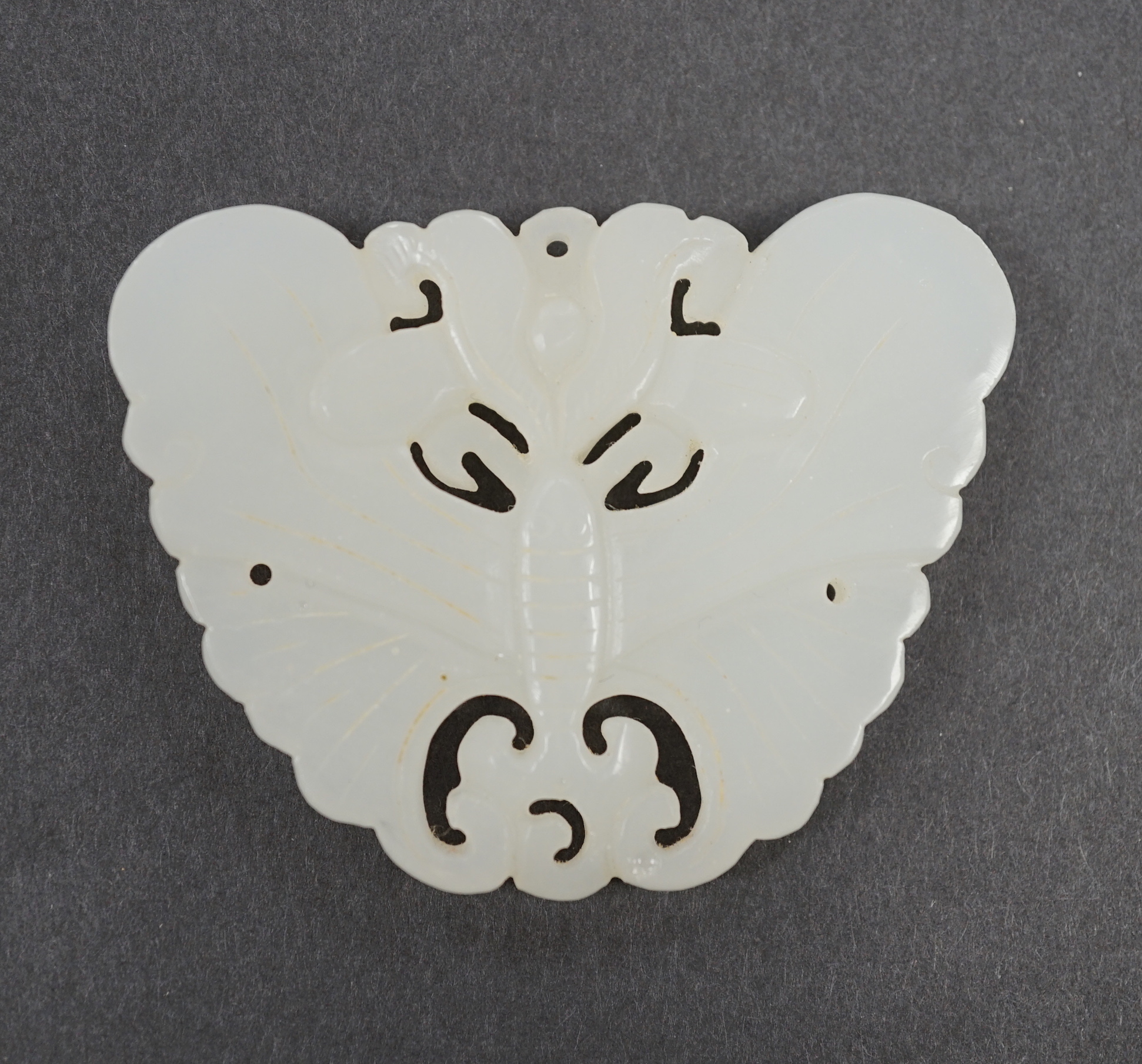 A Chinese white jade butterfly plaque, 6cm                                                                                                                                                                                  