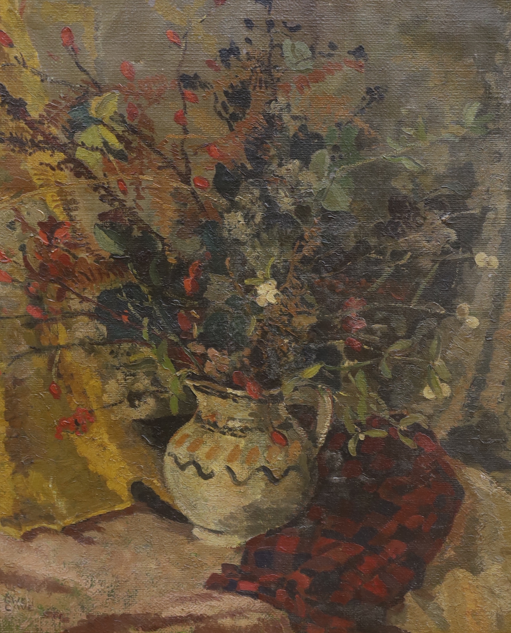 Gwen Cave, oil on canvas, Still life of flowers in a jug, signed, unframed, 61 x 51cm                                                                                                                                       