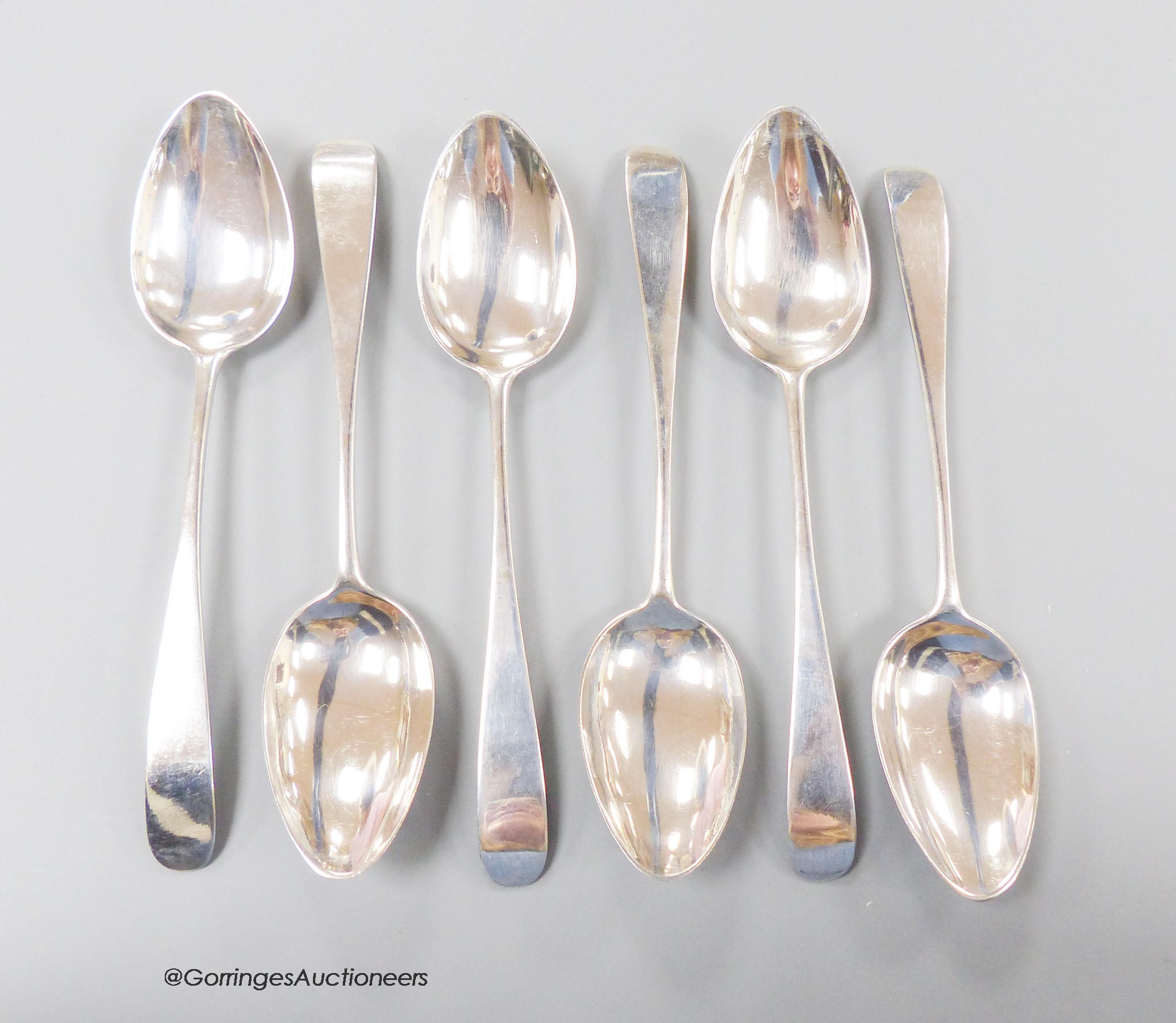 A rare set of six early 19th century Scottish provincial silver Old English pattern dessert spoons, John Keith, Banff, circa 1800, 17.5cm, 167 grams.                                                                       