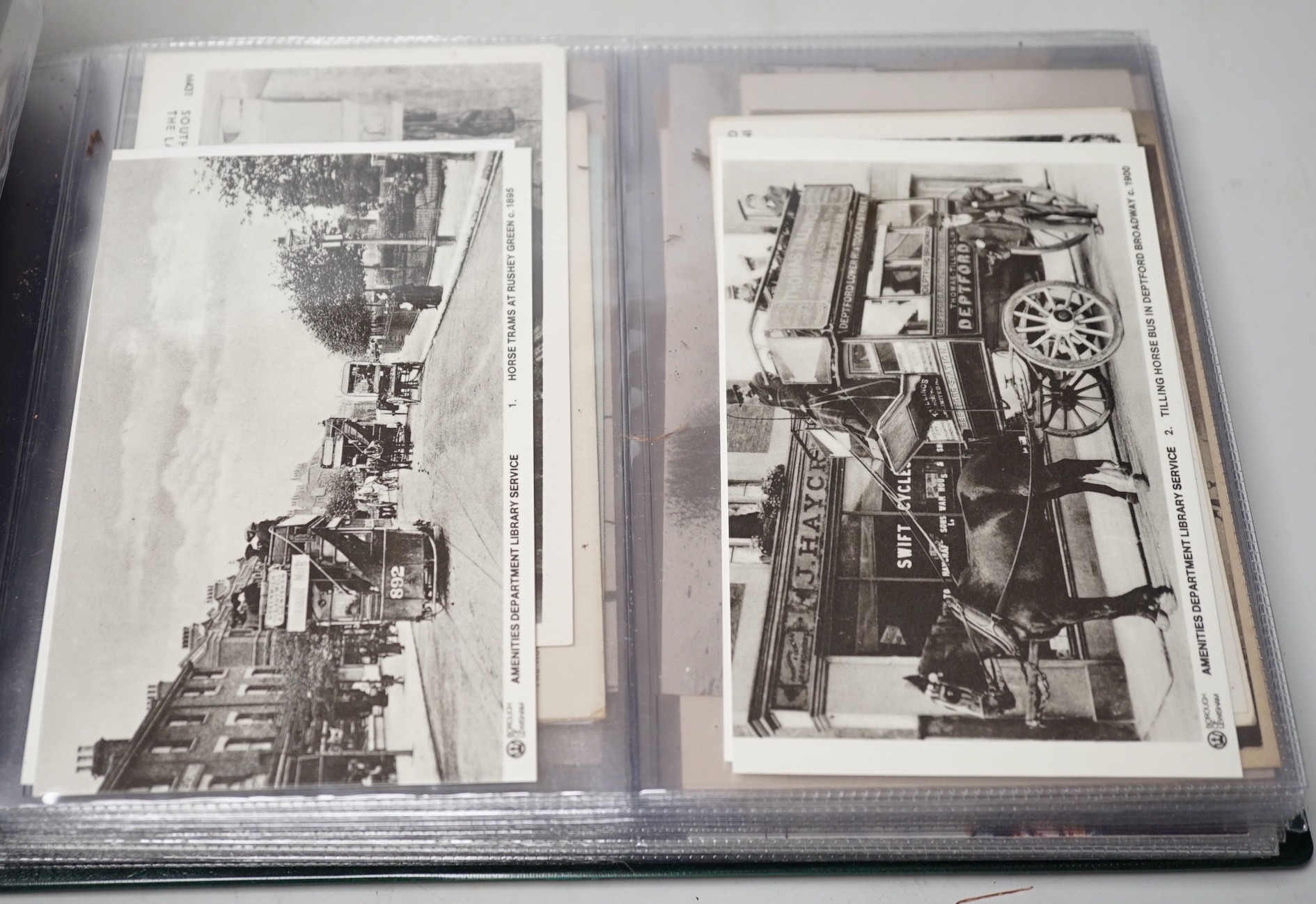 Postcards in three albums, to include themes, transport, theatre and topographical                                                                                                                                          