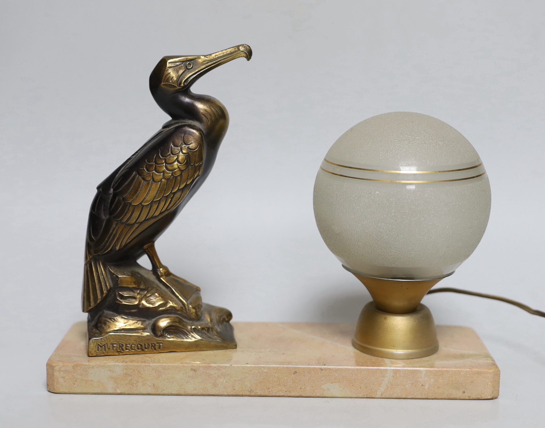 M. Frecourt: A French Art Deco spelter figural bird table lamp, 25cm wide, 19.5cm high                                                                                                                                      