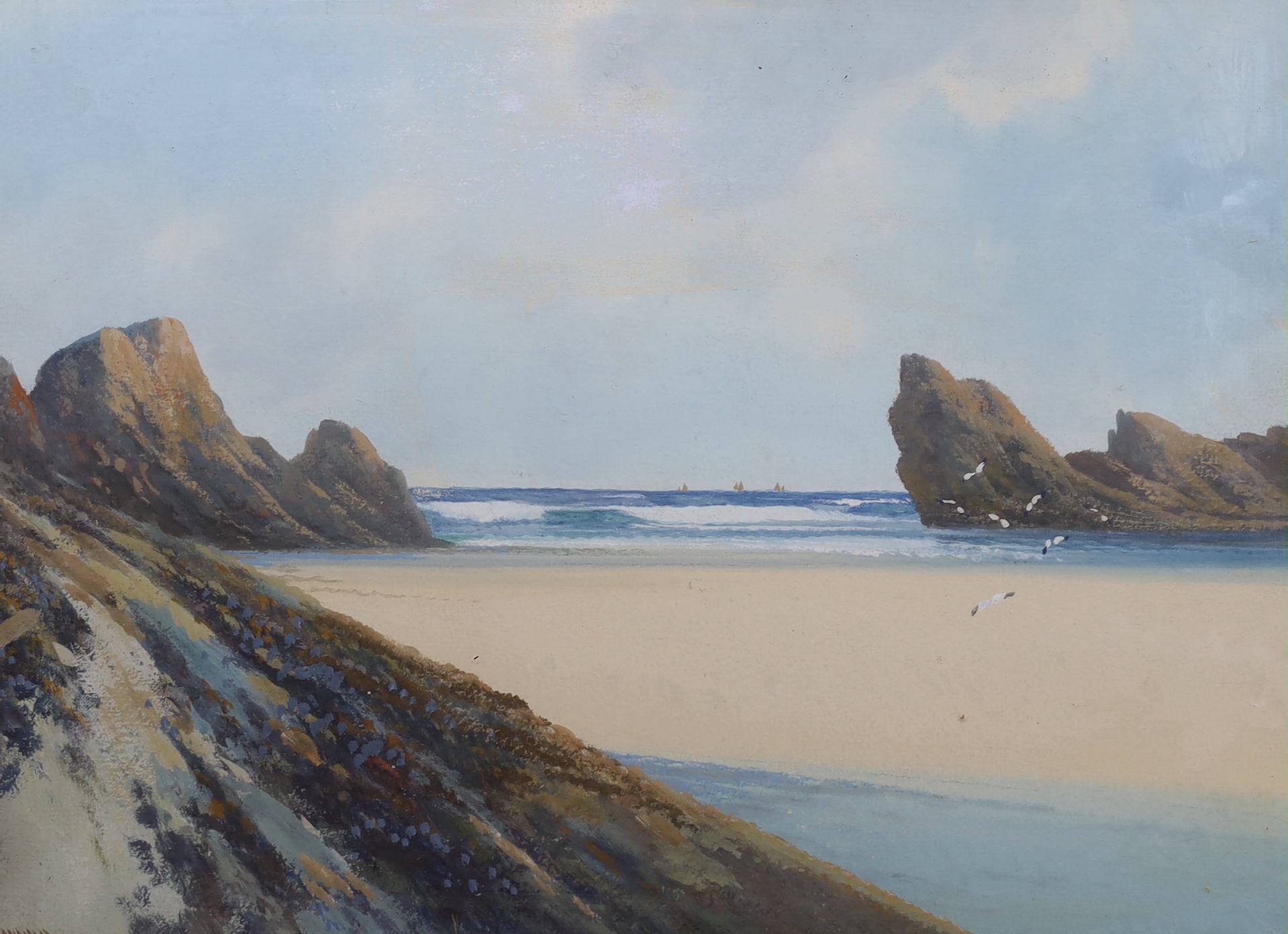 Reginald Daniel Sherrin (1891-1971), gouache, West Country beach scene, signed, 26 x 35cm                                                                                                                                   