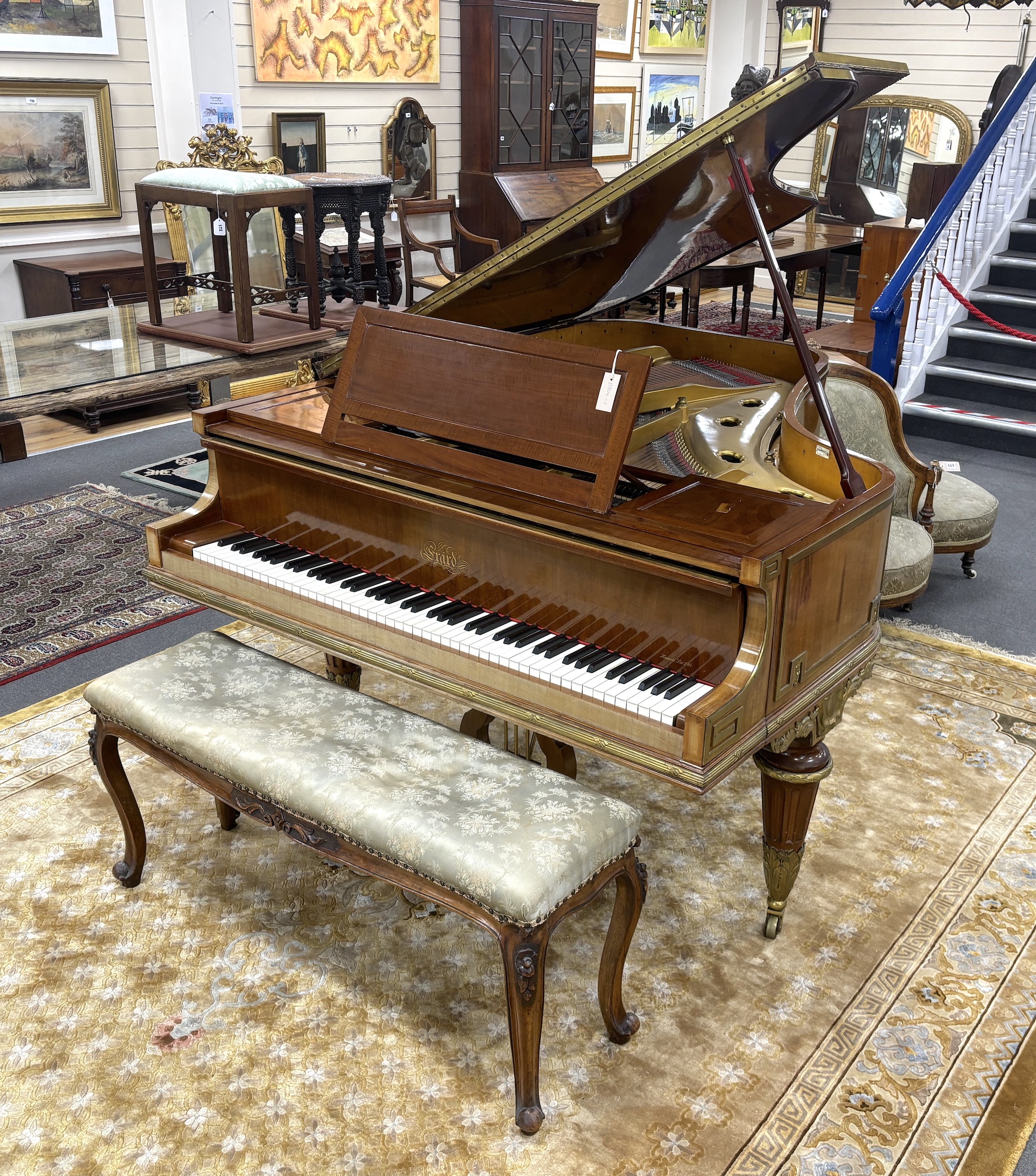 An Erard Louis XVI style mahogany and ormolu mounted boudoir grand piano, c1910 (ivory keys), length 180cm, depth 148cm, height 102cm together with a late Victorian mahogany duet piano stool, CITES Submission reference 5