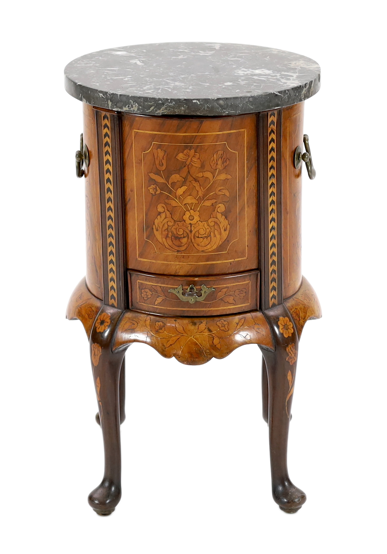 A late 18th century Dutch floral marquetry inlaid walnut wine cooler, 32cm diameter, 55cm high, Please note this lot attracts an additional import tax of 5% on the hammer price                                            