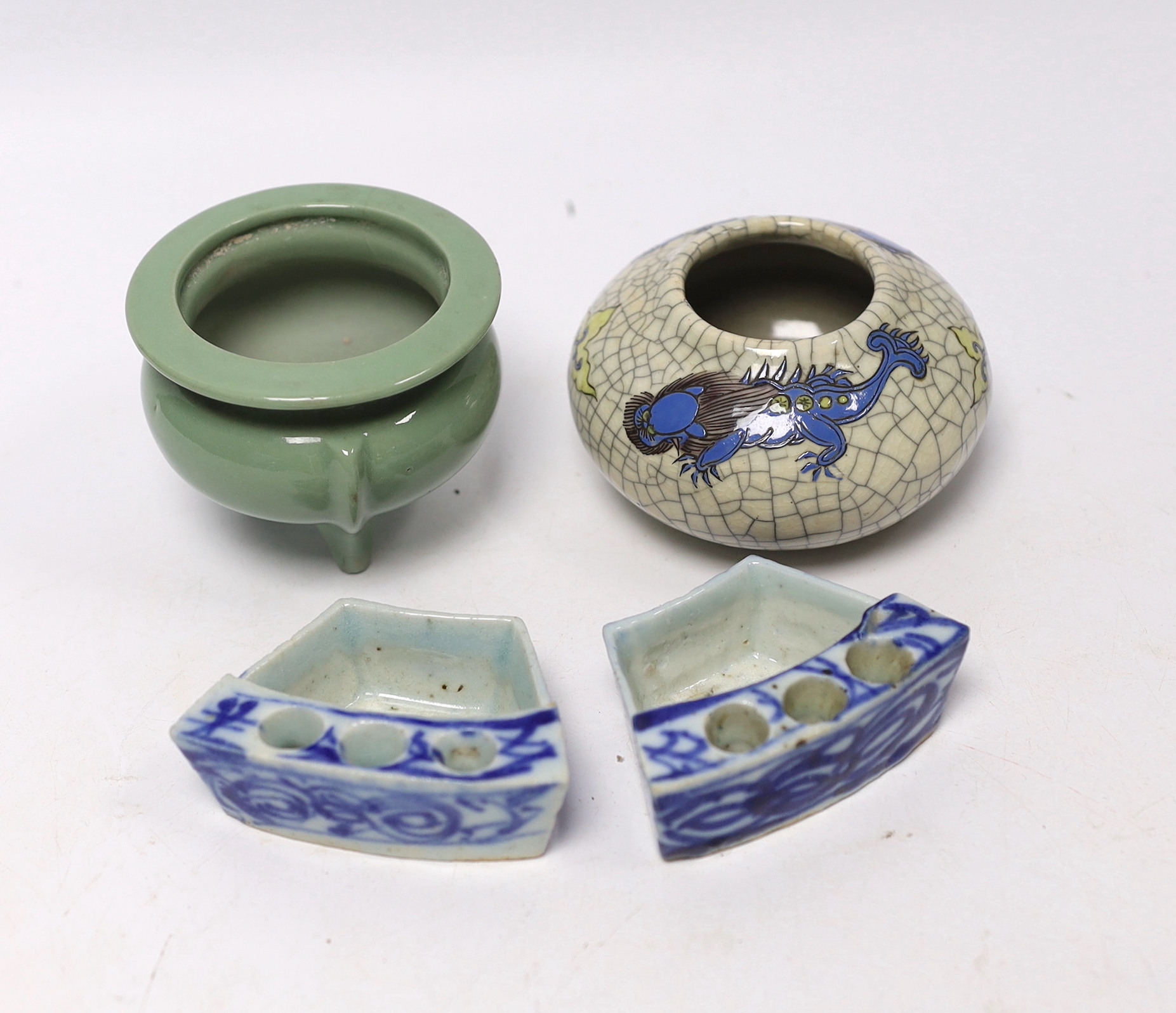 Four Chinese ceramic items; a celadon glazed tripod censer, a miniature vase and two incense holders, censer 5.5cm high                                                                                                     