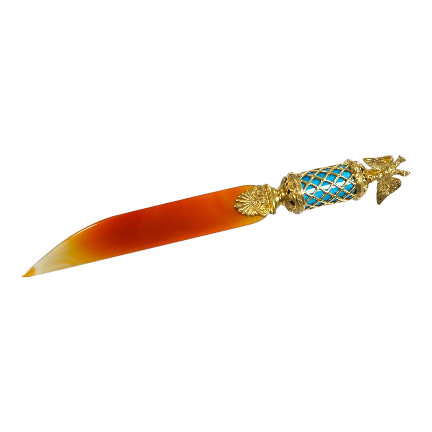 A continental gilt white metal and enamel mounted agate paper knife, 22.5cm. Condition - good                                                                                                                               