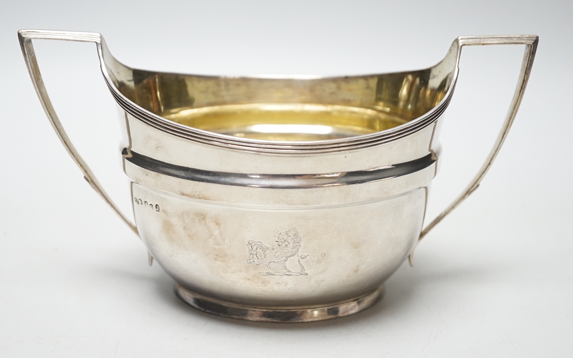 A George III silver two handled oval sugar bowl, John Emes, London, 1802, length 19.2cm over handles, 7.9oz.                                                                                                                