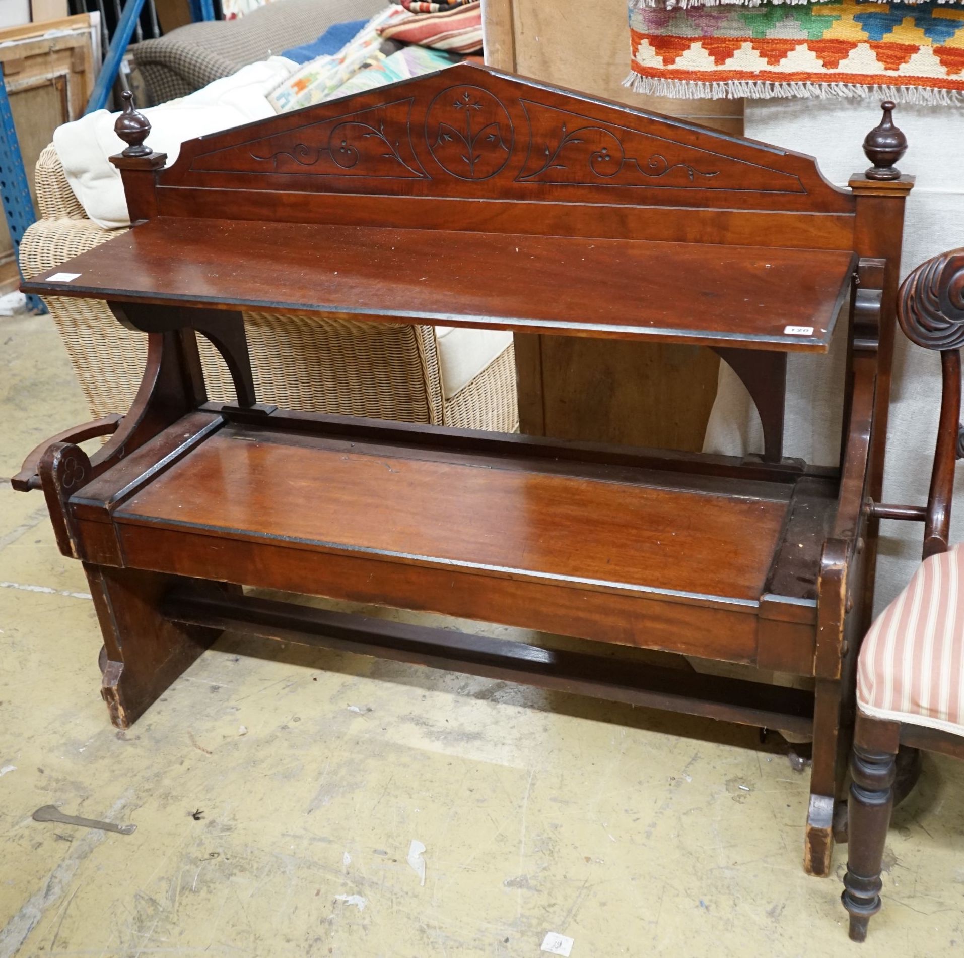 A Victorian mahogany hall table, width 144cm, depth 37cm, height 107cm                                                                                                                                                      