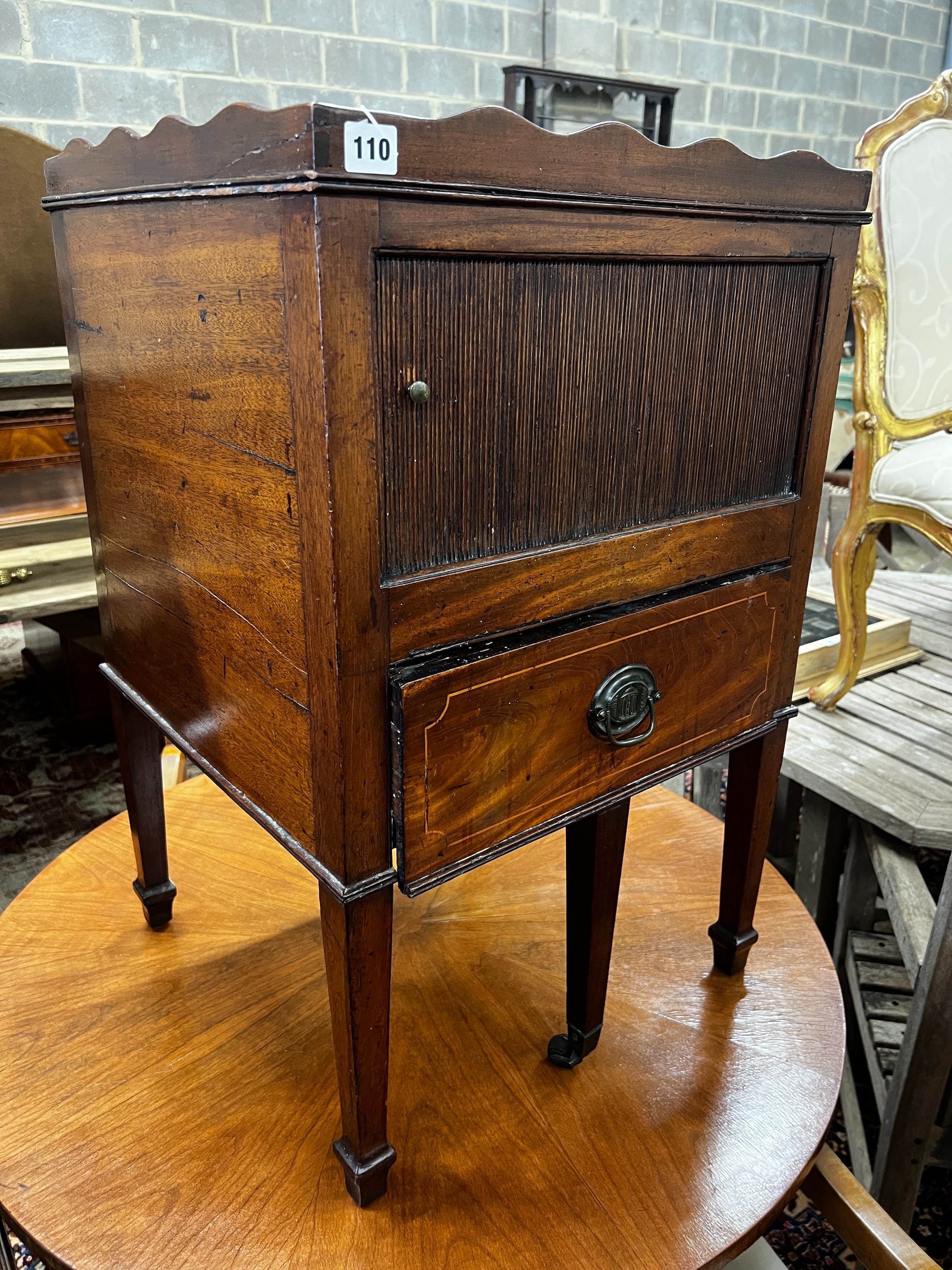 A George III mahogany tambour bedside cabinet, width 49cm, depth 46cm, height 76cm                                                                                                                                          