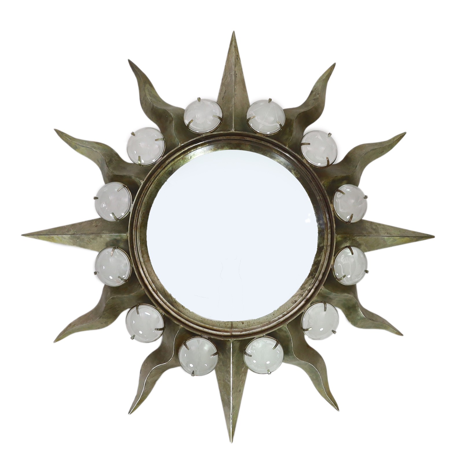 Mark Brazier Jones (b.1956) 'Zodiac' mirror, circa 1990, copper plated steel with etched glass cabochons, diameter 100cm                                                                                                    