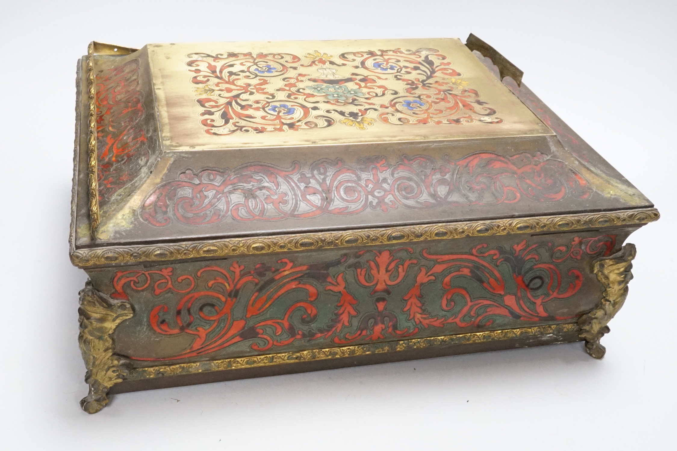 A 19th century French scarlet boulle and tortoiseshell box, 32cm wide, 25cm deep (a.f.)                                                                                                                                     