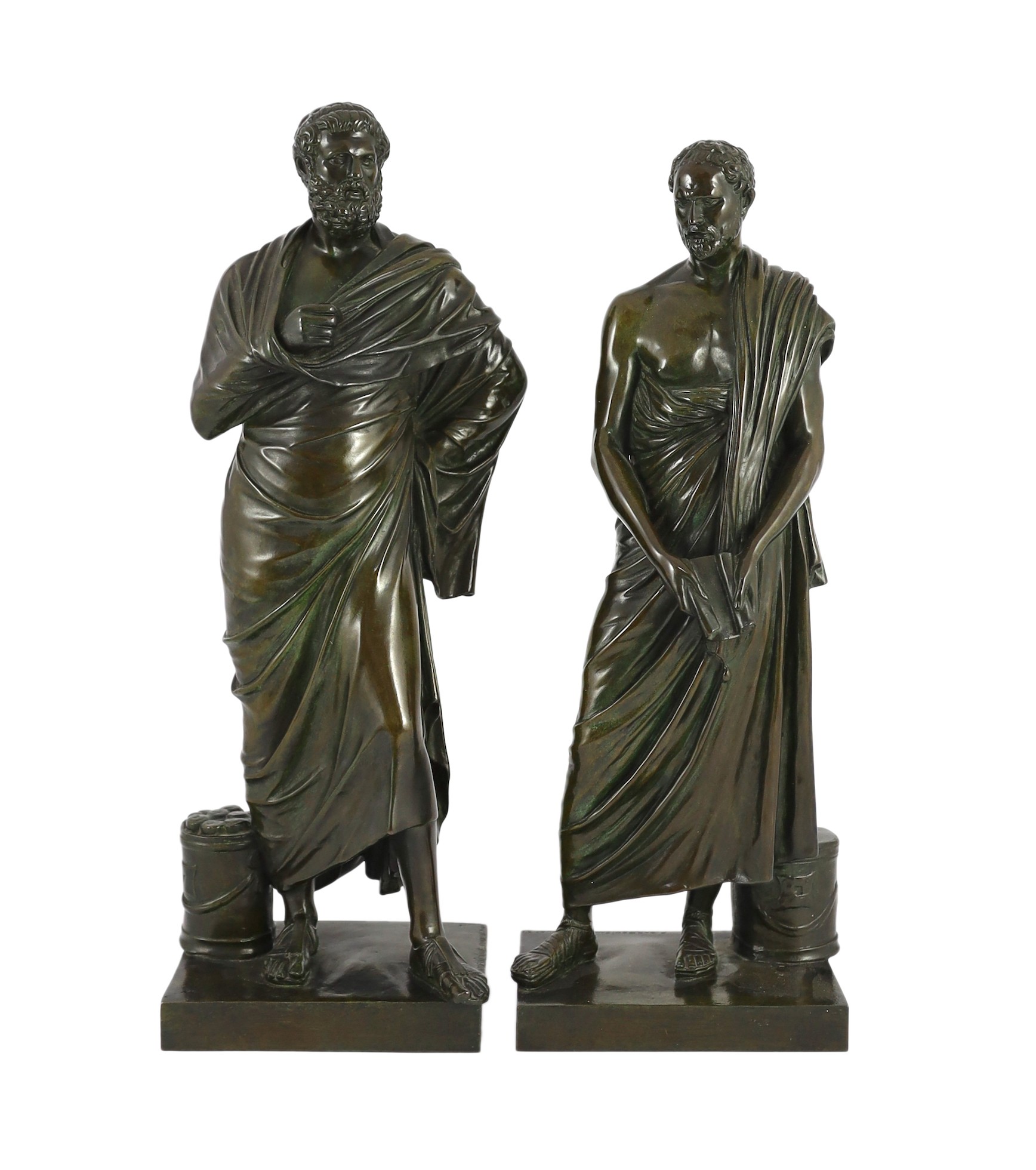 Ferdinand Barbedienne (French, 1810-1892). A pair of bronze figures of Sophocles and Demosthenes, height 43cm and 41cm                                                                                                      